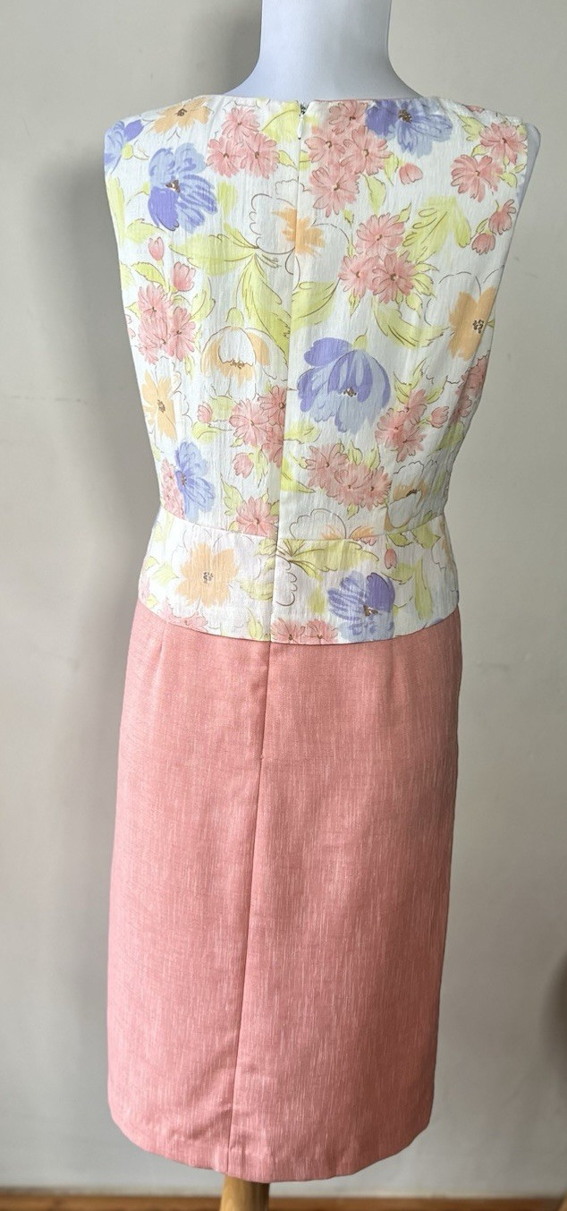Vintage Floral Two Toned Sheath Dress Pink White Yellow Purple Women’s Size 38