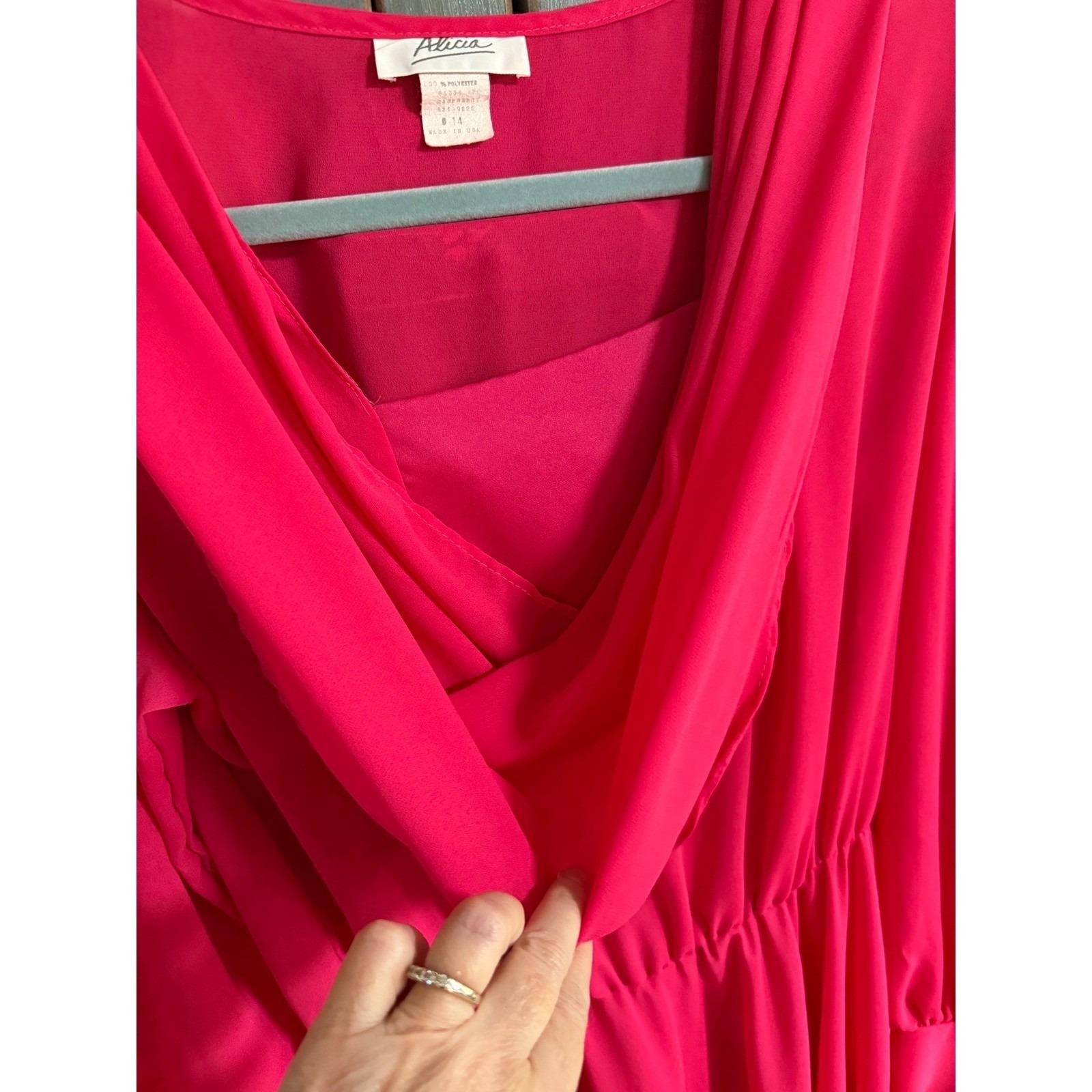 Alicia Vintage Hot Pink Cowl Neck Midi Dress Long Sleeve Elastic Waist Size 14