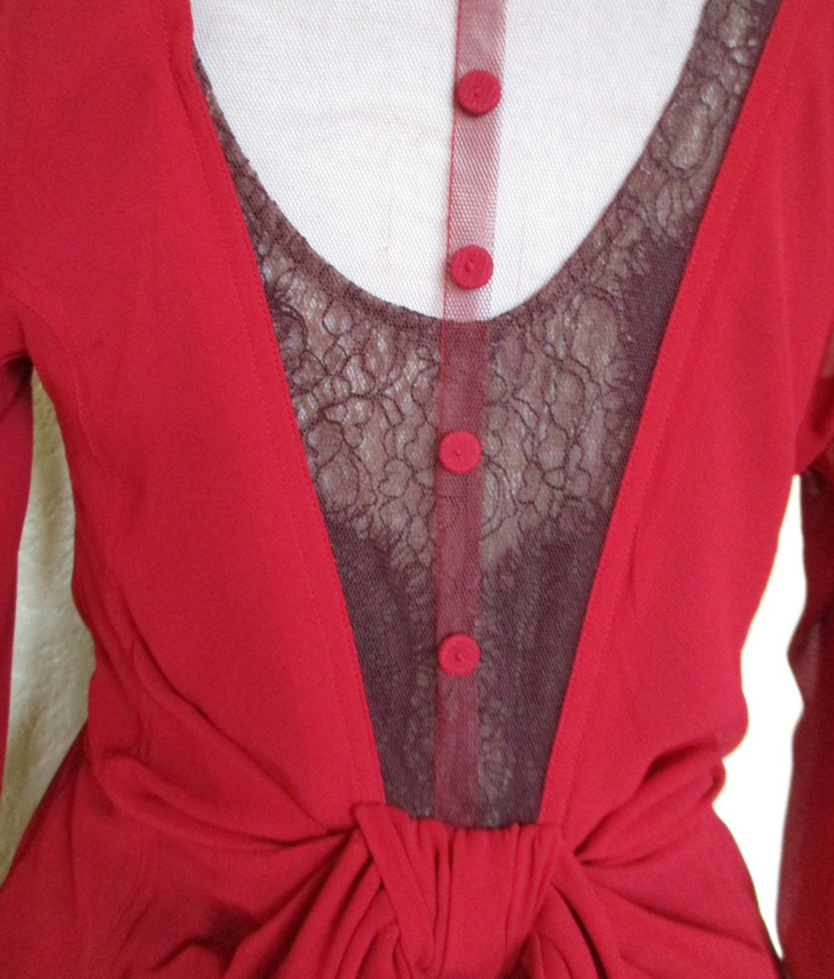 Vtg 30s Style Handmade Dress Womens S/M Red Chiffon Lace Cami Mesh Inset