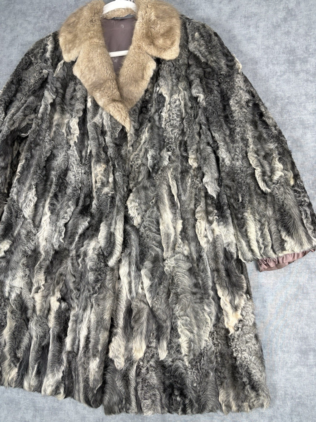 Vintage Persian Lamb Karakul Fur Coat Mink Collar Gray German Furrier M/L