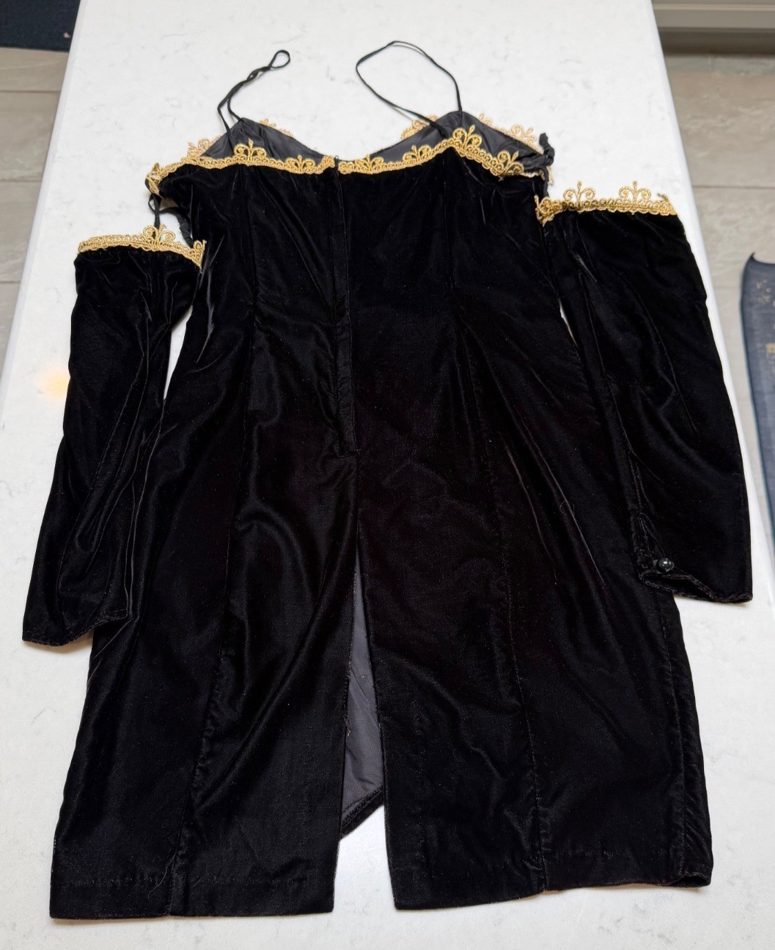 Vintage Fashion 1001 Nights Black Velvet Gold Lace Off Shoulder Dress USA Sz 13