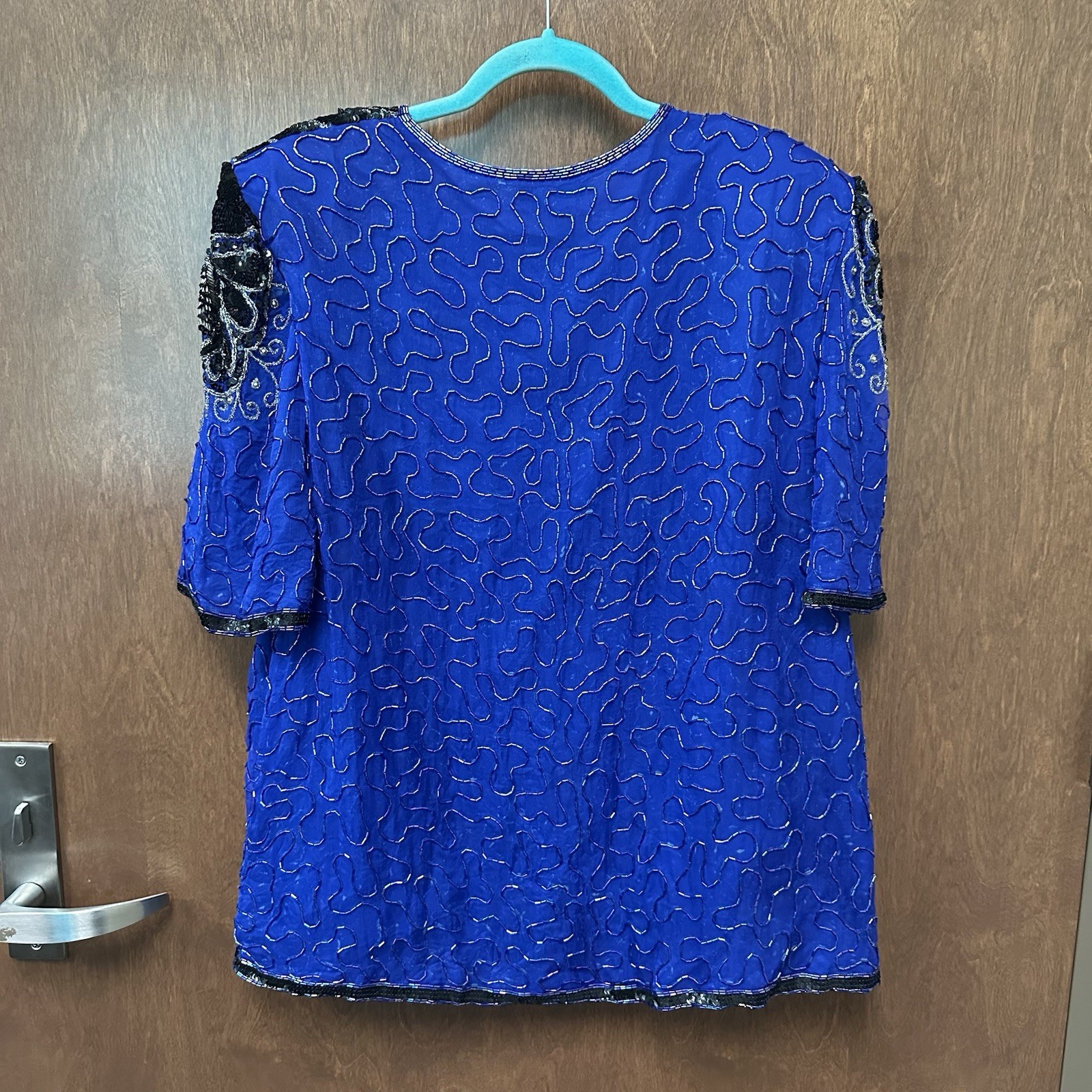 Vintage 80s Royal Feelings Beaded Sequin Party Blouse Silk Rayon Blue Black FLAW