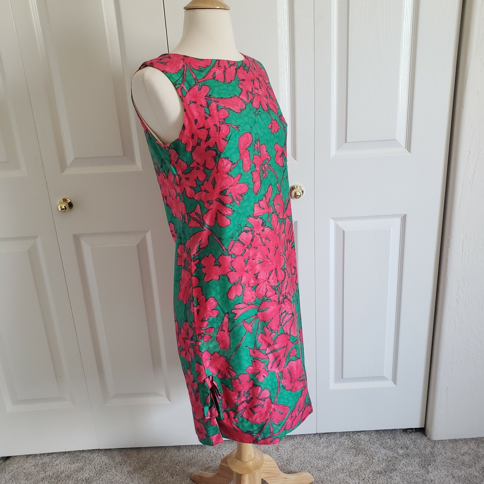 60s Vintage Tropical Green Pink Cotton Shift Sleeveless Dress David Crystal S M