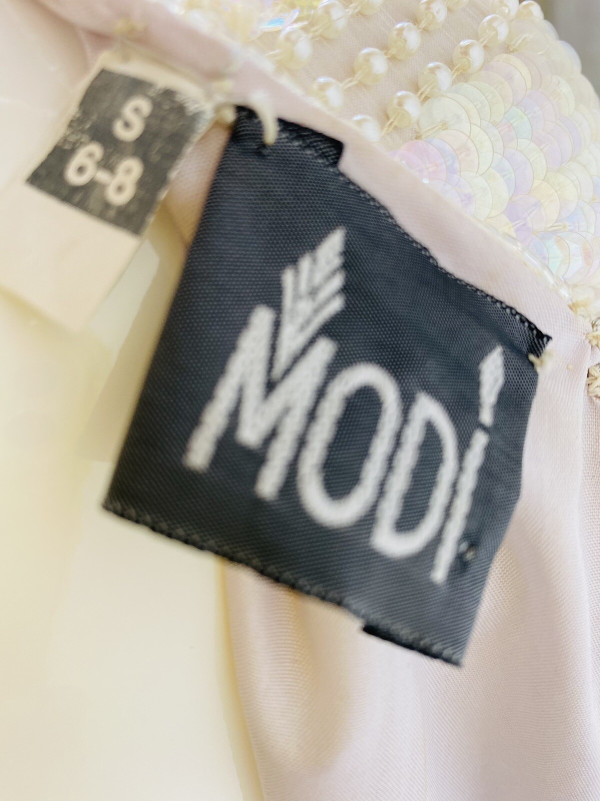 Vtg MODI Off White Champagne Silk Bead Sequin Evening Cocktail Wedding Dress, S