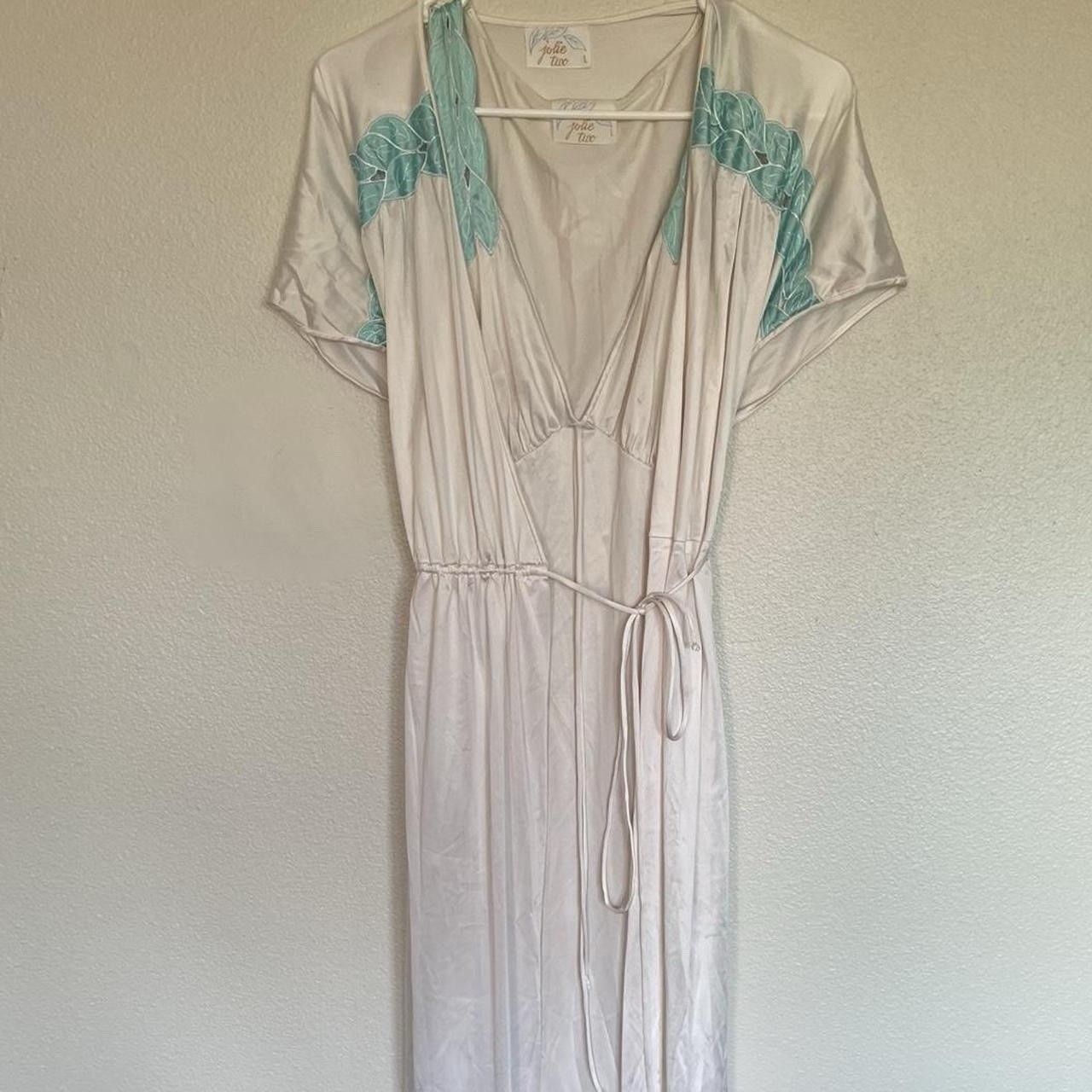 Vintage Maxi White Satin Night Gown And Robe With Blue Leaf Starps Jolie Two