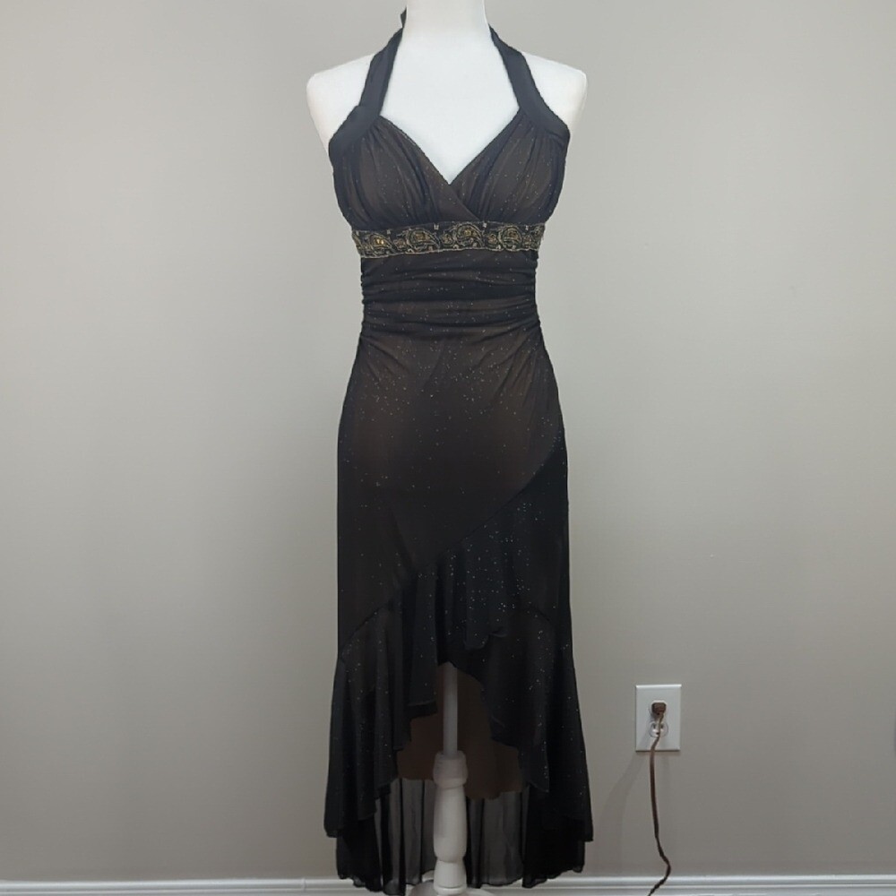 Vintage 90’s Y2k Taboo Black Nude Halter Fairy Dress Goth Sheer Deadstock Medium