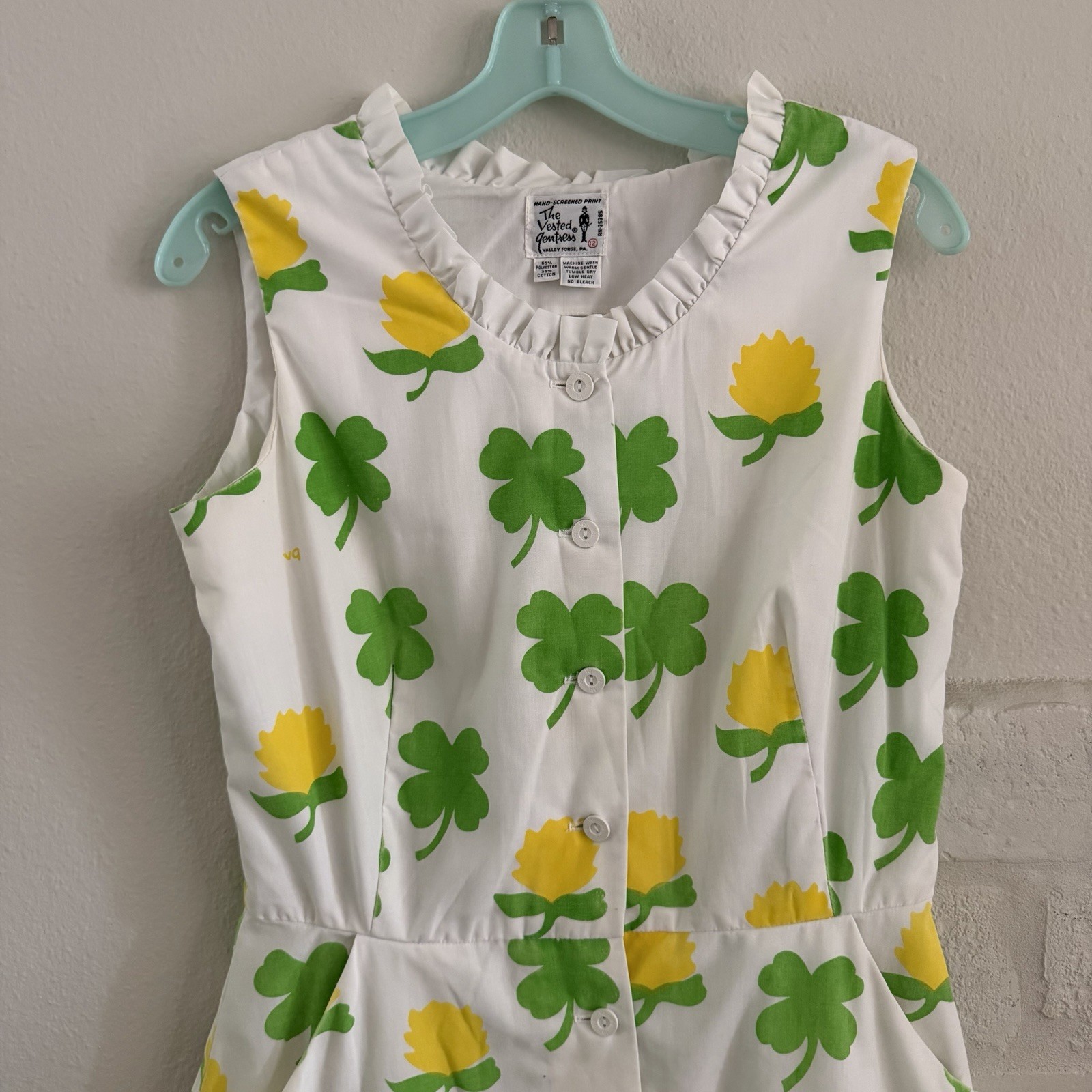 The Vested Gentress Lucky Shamrock Clover Slvls Dress Vtg 60/70s Sz 12 Medium