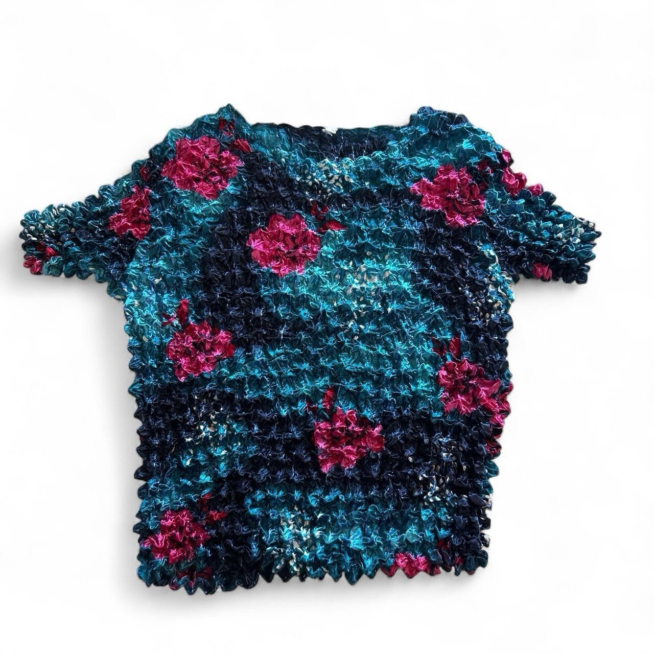 Beautiful Popcorn 90s Vintage Shirt With Blue And Pink Flower Design