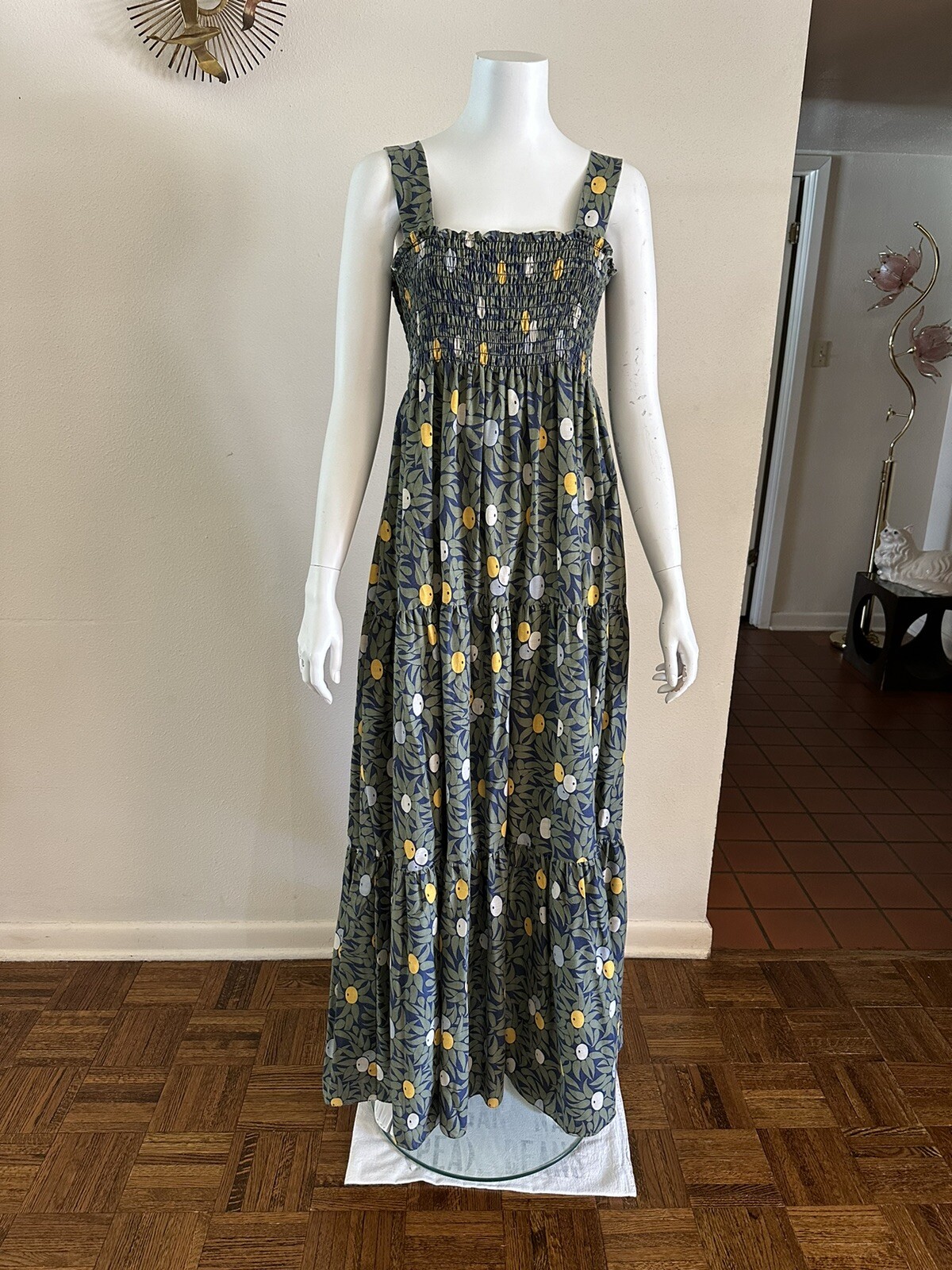 1970s Olive Print Smocked Maxi Dress Cotton Blend Hostess Resort Sundress OS VTG