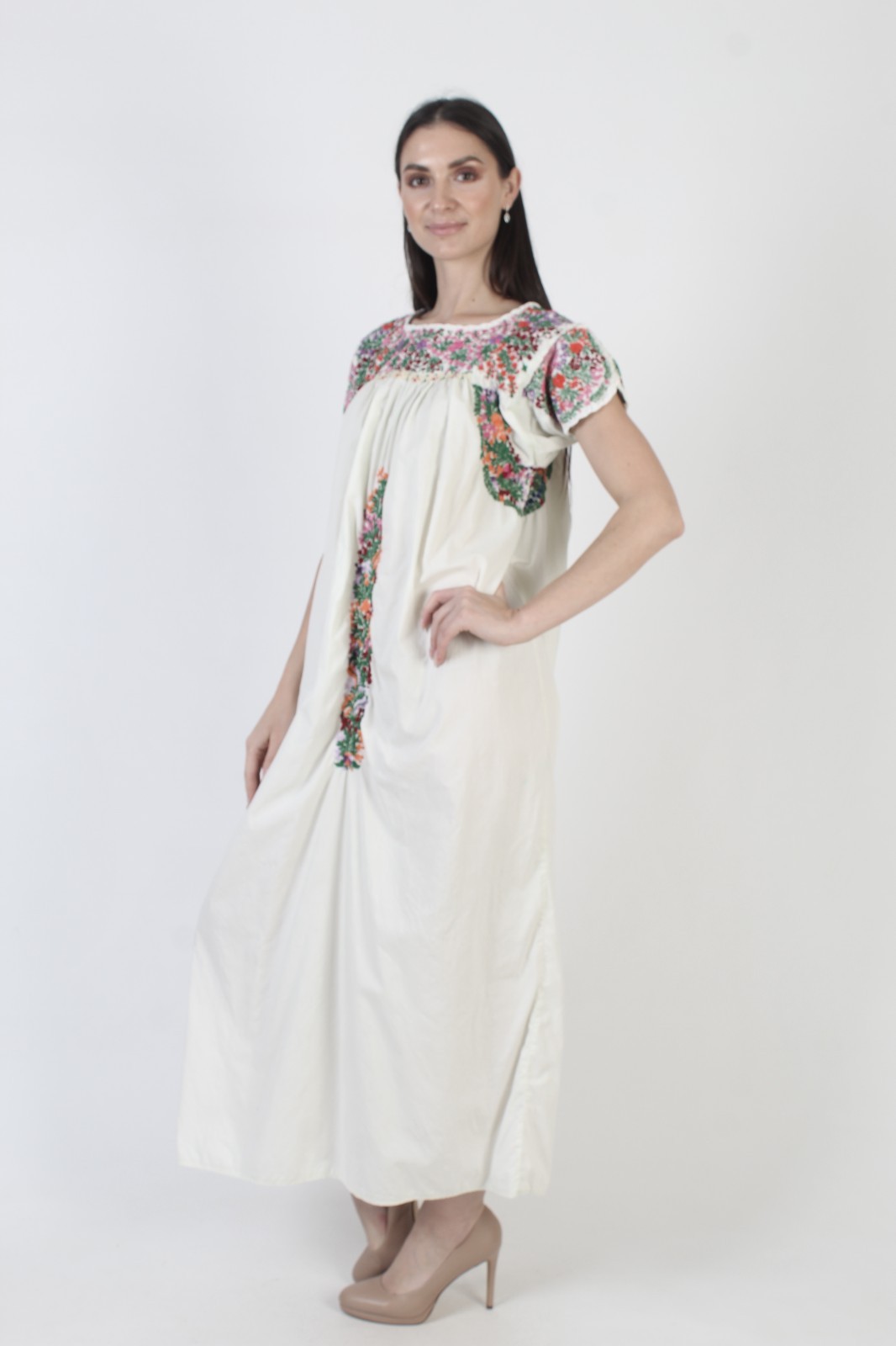 Vtg Mint Oaxacan Dress Mexican Hand Embroidered Cotton Puebla Kaftan Sundress