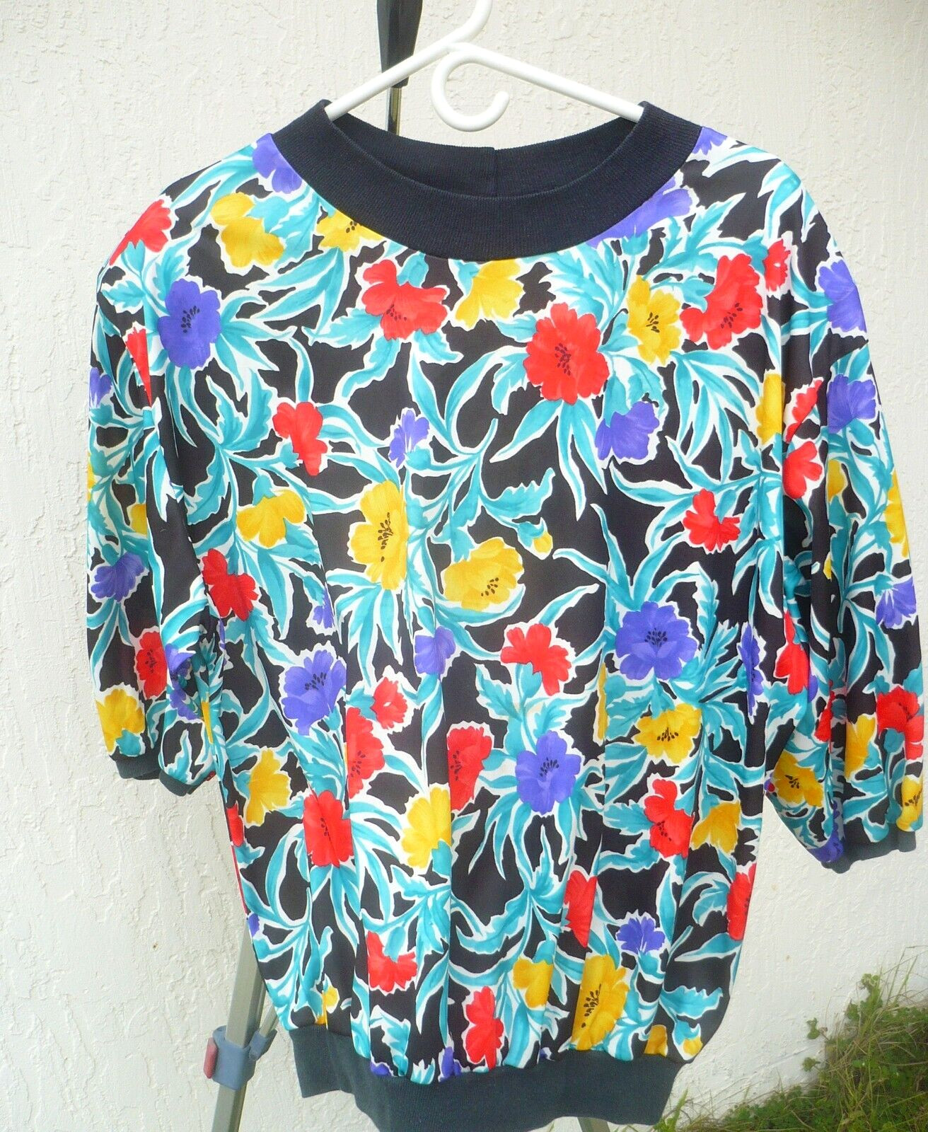 VTG JUST 4 BRIGHT GRANNY BLOUSE RED YELLOW PURPLE FLORAL 1X 2X WOMEN PULLOVER