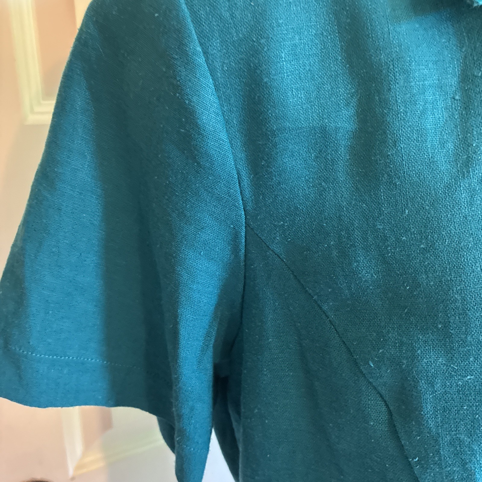 Vintage Linen Teal Collared Button Up Blouse Large Short Sleeve Blue Green 90s