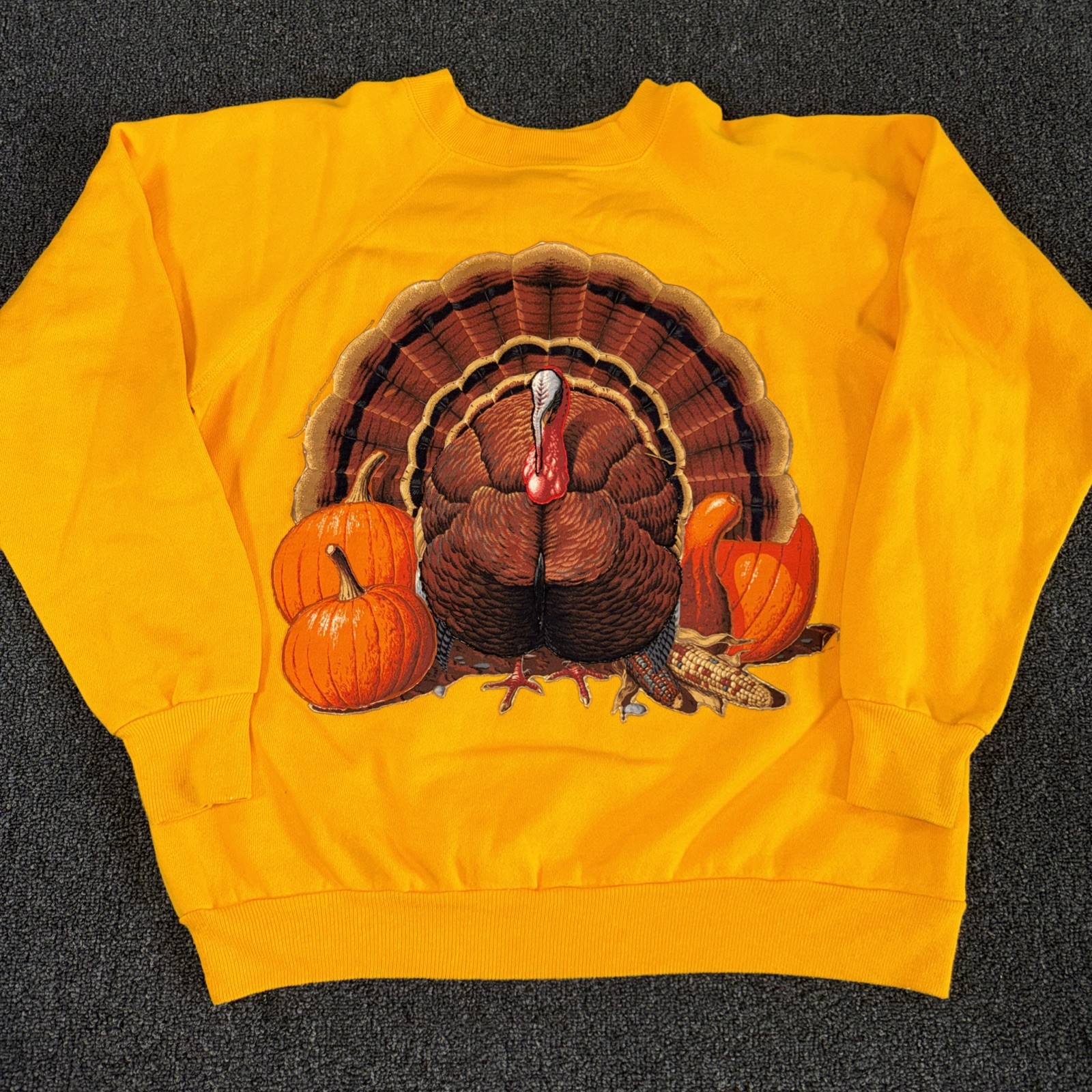 Vtg Home Made Thanksgiving Turkey Sweater Banger USA Yellow Large / XL Pannill