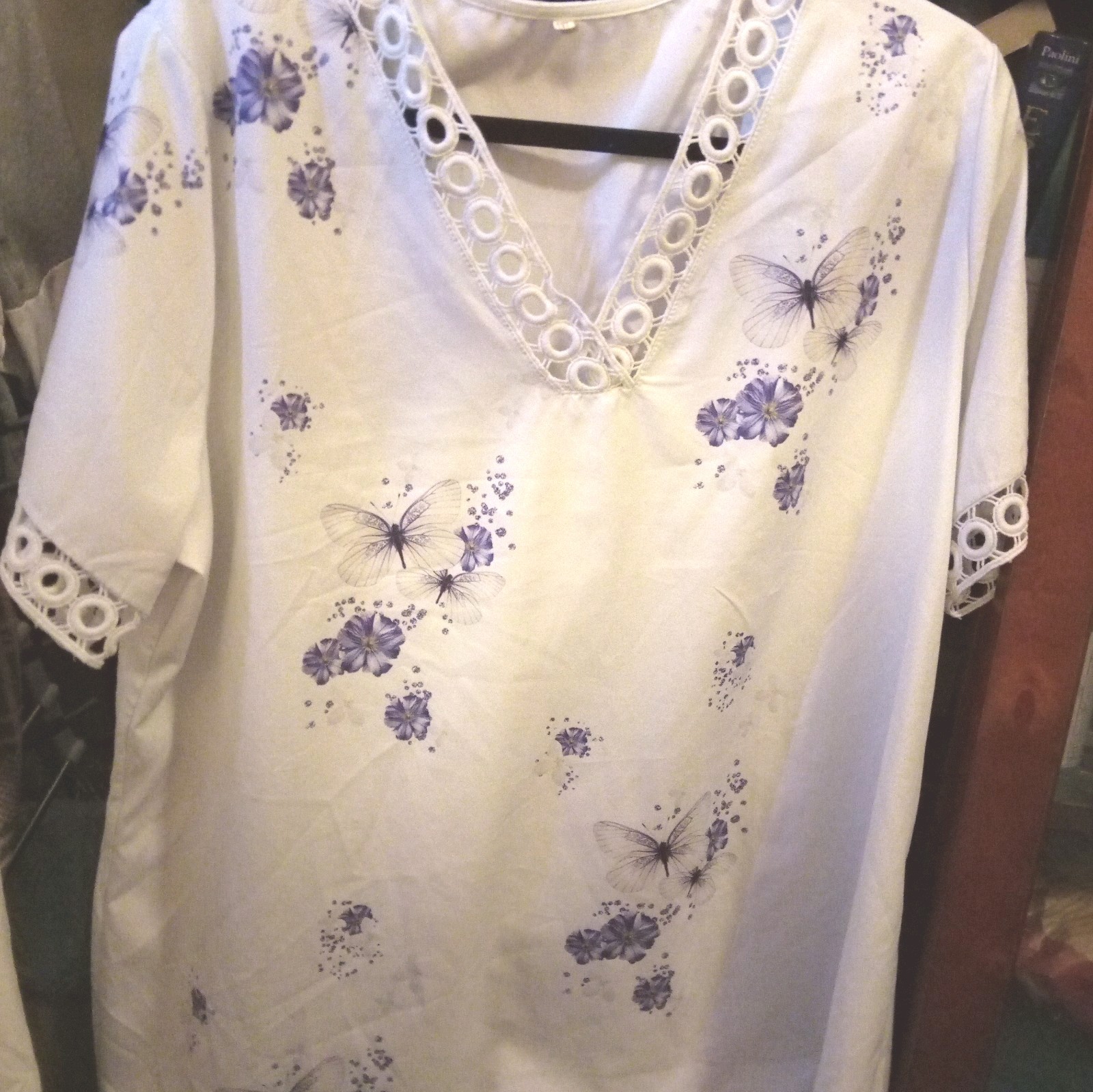 White Blouse Pullover With Purple Dragonflies Circled Embroidery Neck, Sleeve 2X