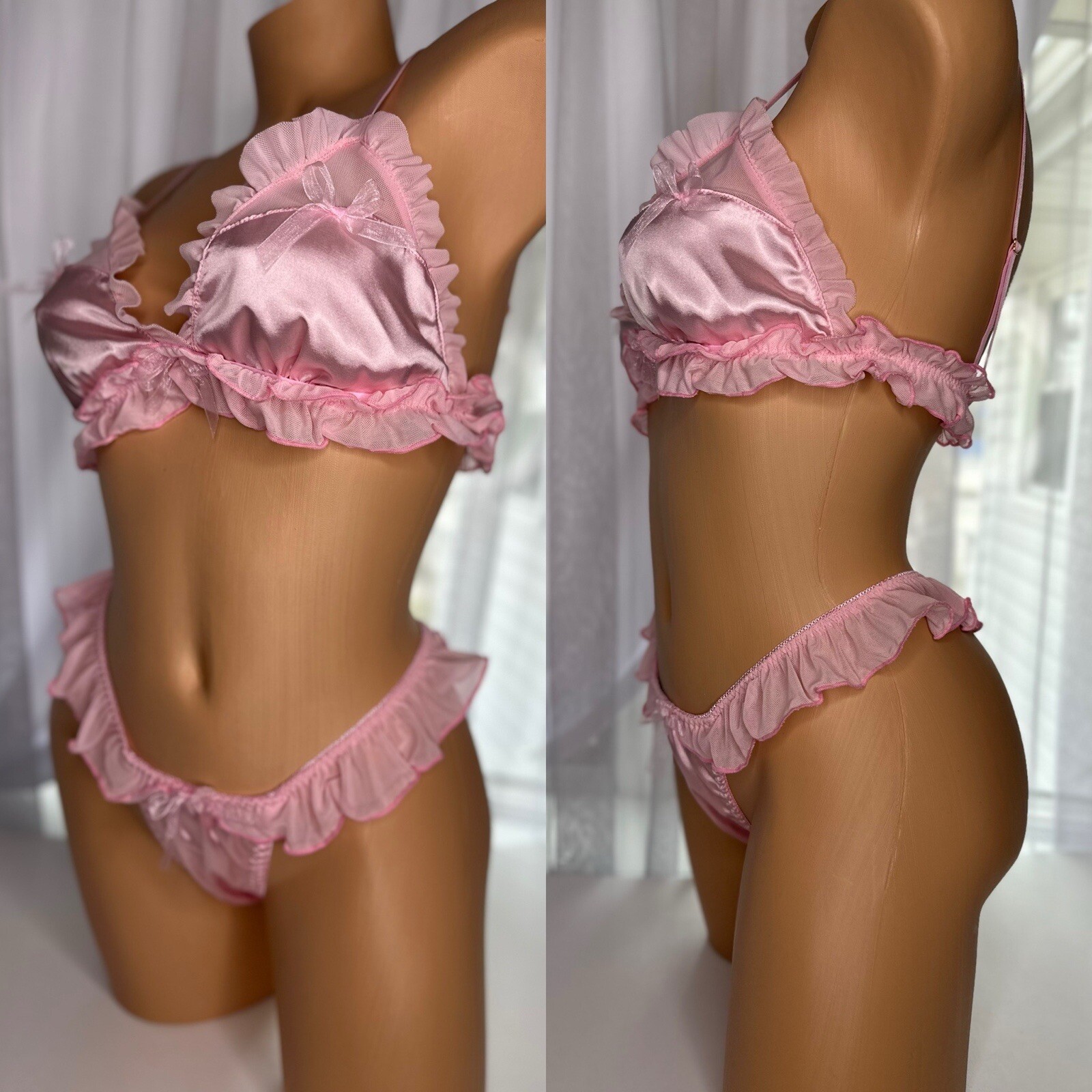 Large 7 L Shiny Satin Bralette Thong Panty Chiffon Ruffles Coquette Vtg Bra Set