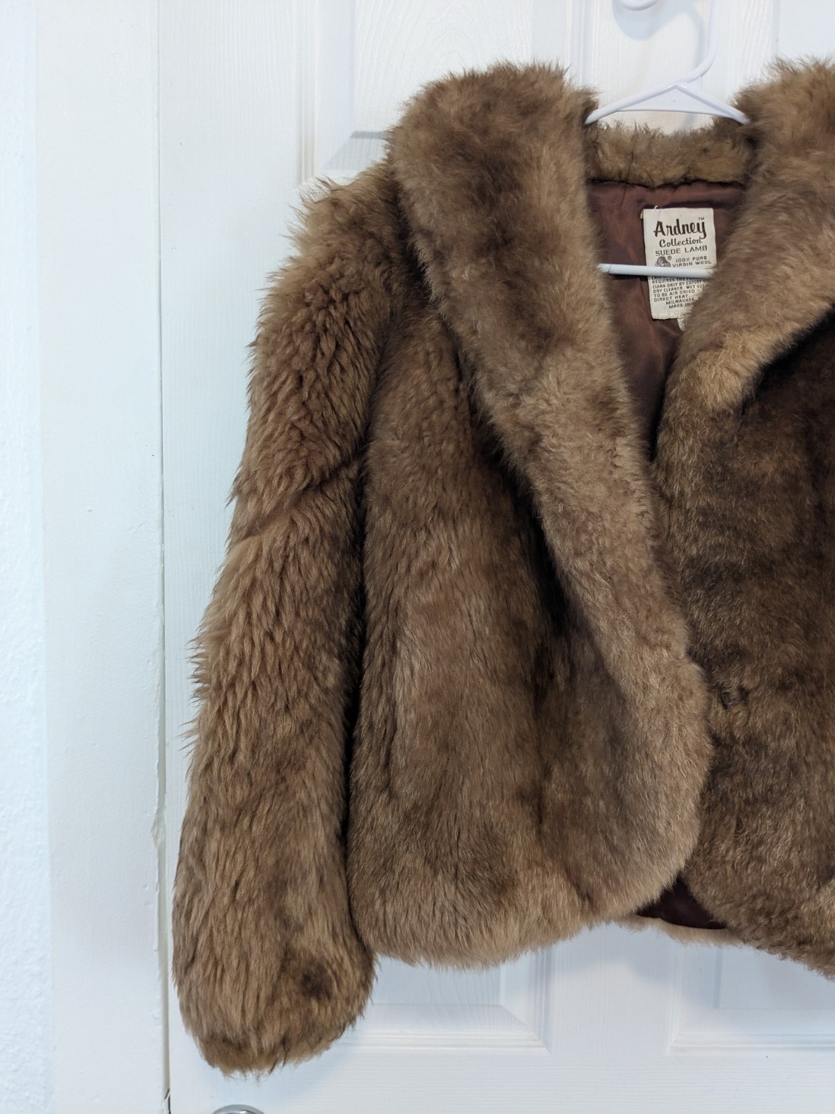 Vtg Ardney Genuine Suede Lamb Shearling Long Pile Wool Puffer Bomber Size 12 Tan
