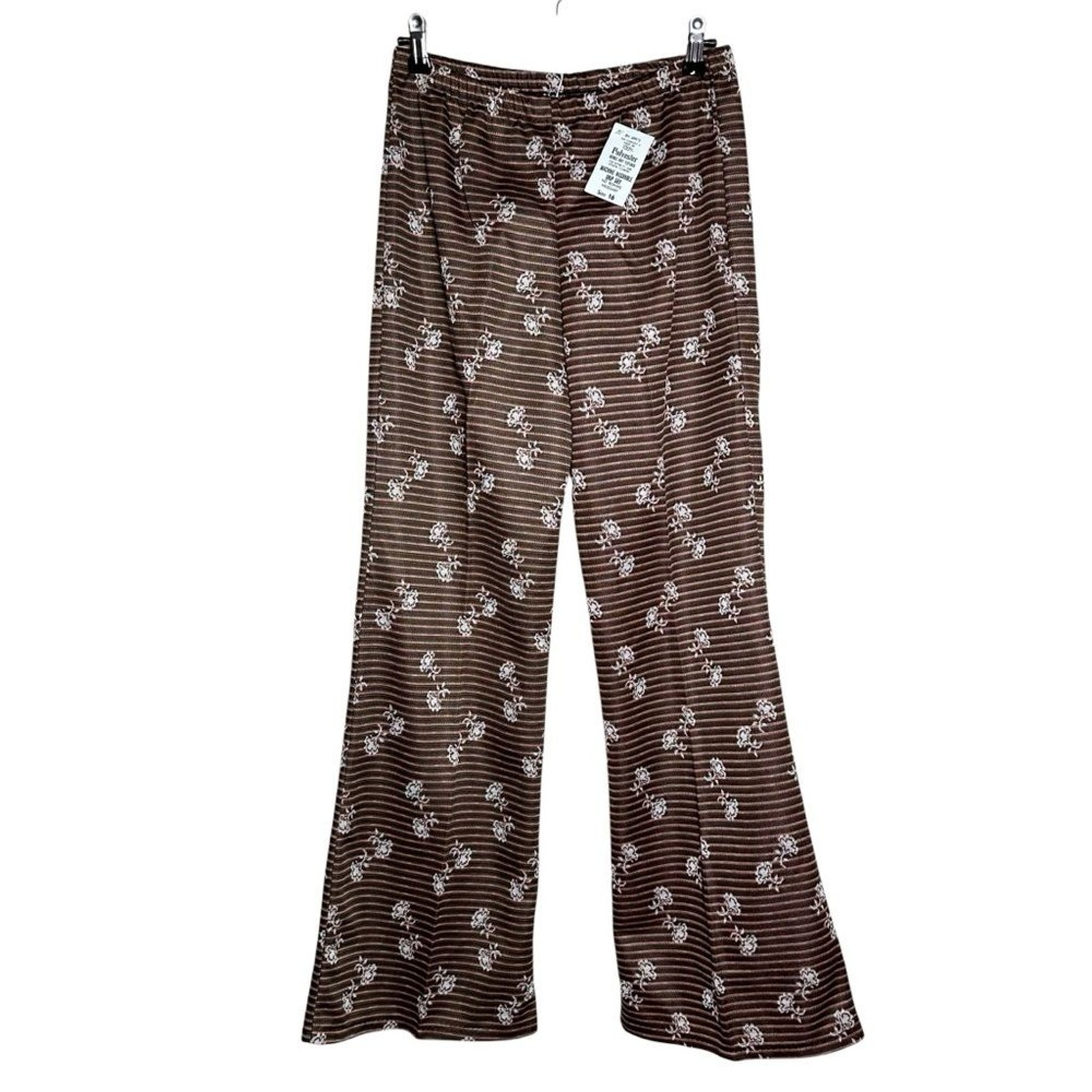 Vintage 70s Double Knit Polyester Flare Pants Floral Stripe Retro Disco Boho 16