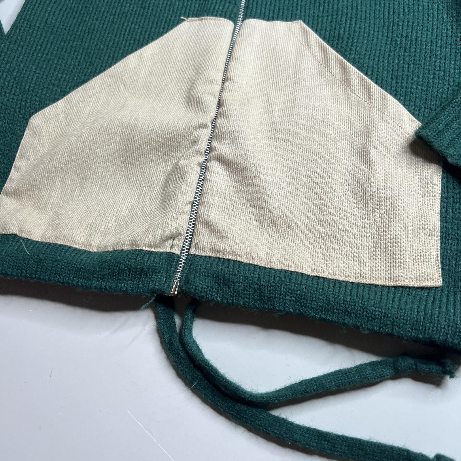 50s Vintage Hoodie Sweater M Green Hooded Full Zip Knit Jacket Pockets