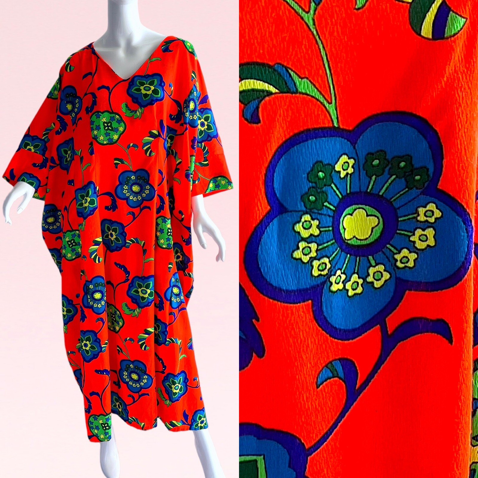 1970s Vintage Hawaiian Psychedelic Floral Neon Kimono Caftan Maxi Deadstock OS
