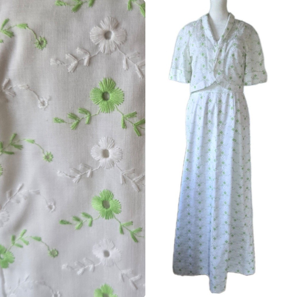 Vtg 60s Vogue Paris Original Eyelet Floral Embroidered Set, Maxi Dress & Jacket