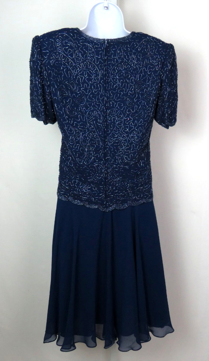 VTG 1980s BRILLIANTE BY JA BLUE BEADED DRESS SIZE PM POLY CHIFFON