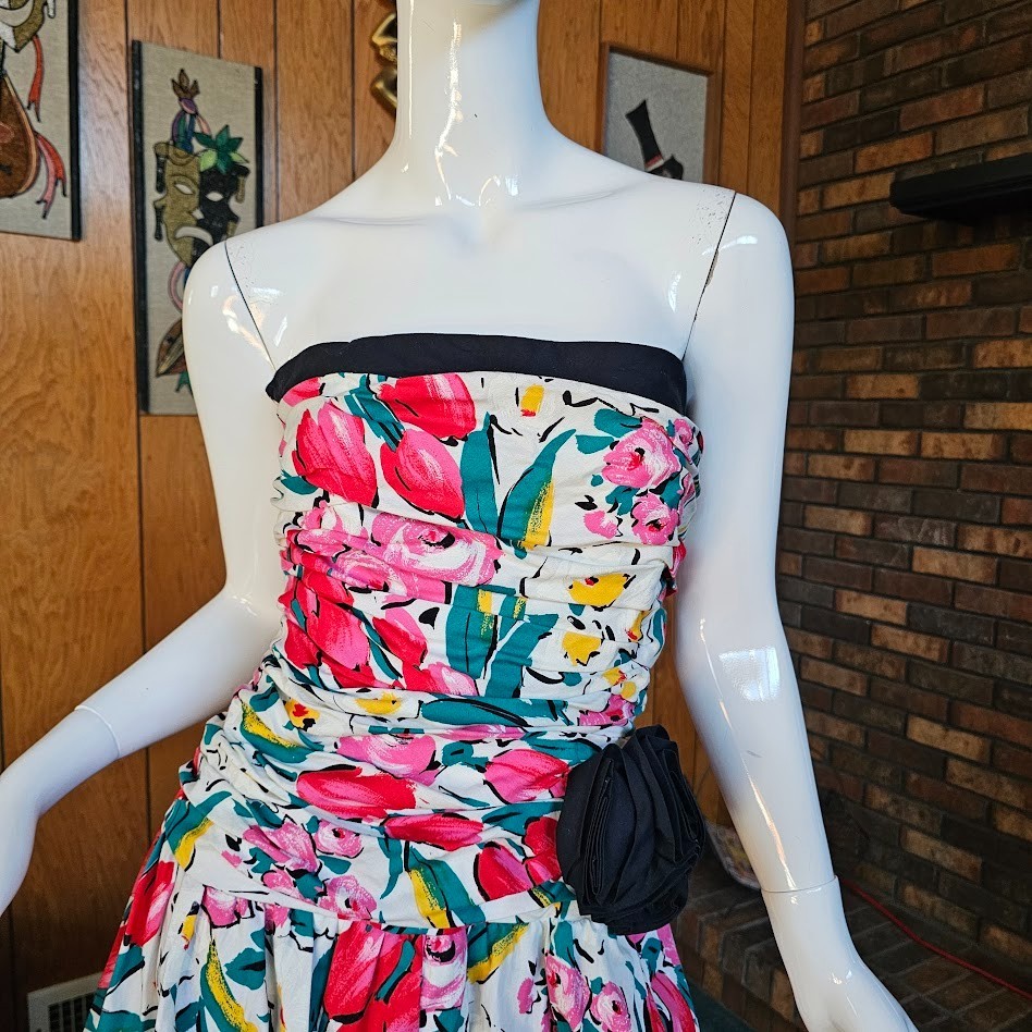 Vtg 1980s Strapless Tulip Floral Cocktail Garden Party SATC Prom Tea Dress S/M