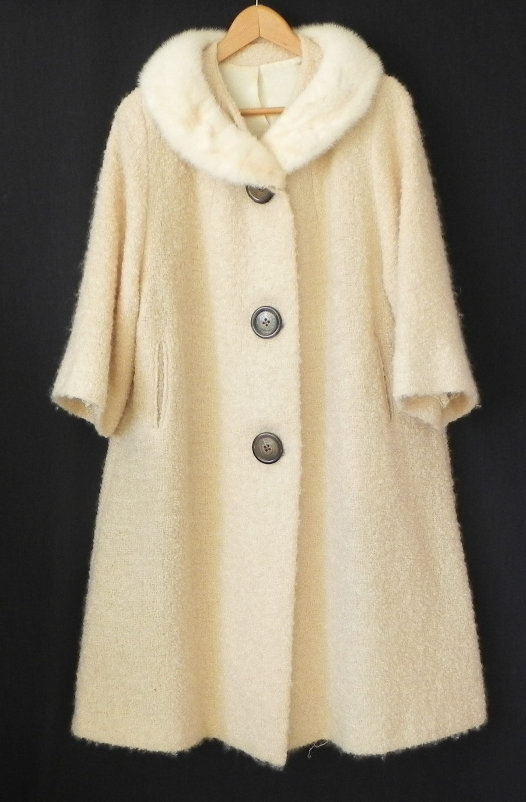 Vtg French River Mills by Rencroft Coat Wool Beige Mink Collar Pockets Size L