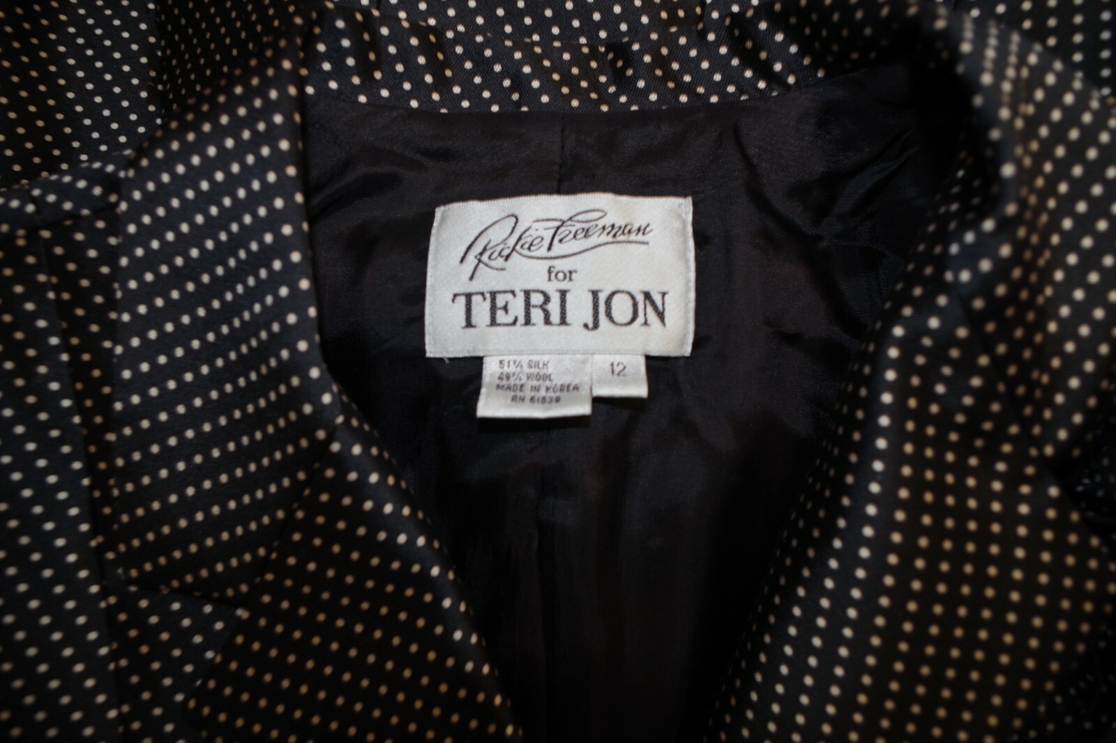 C5 Rickie Freeman for Teri Jon Polka Dot Skirt Suit Silk & Wool 12 Black & White