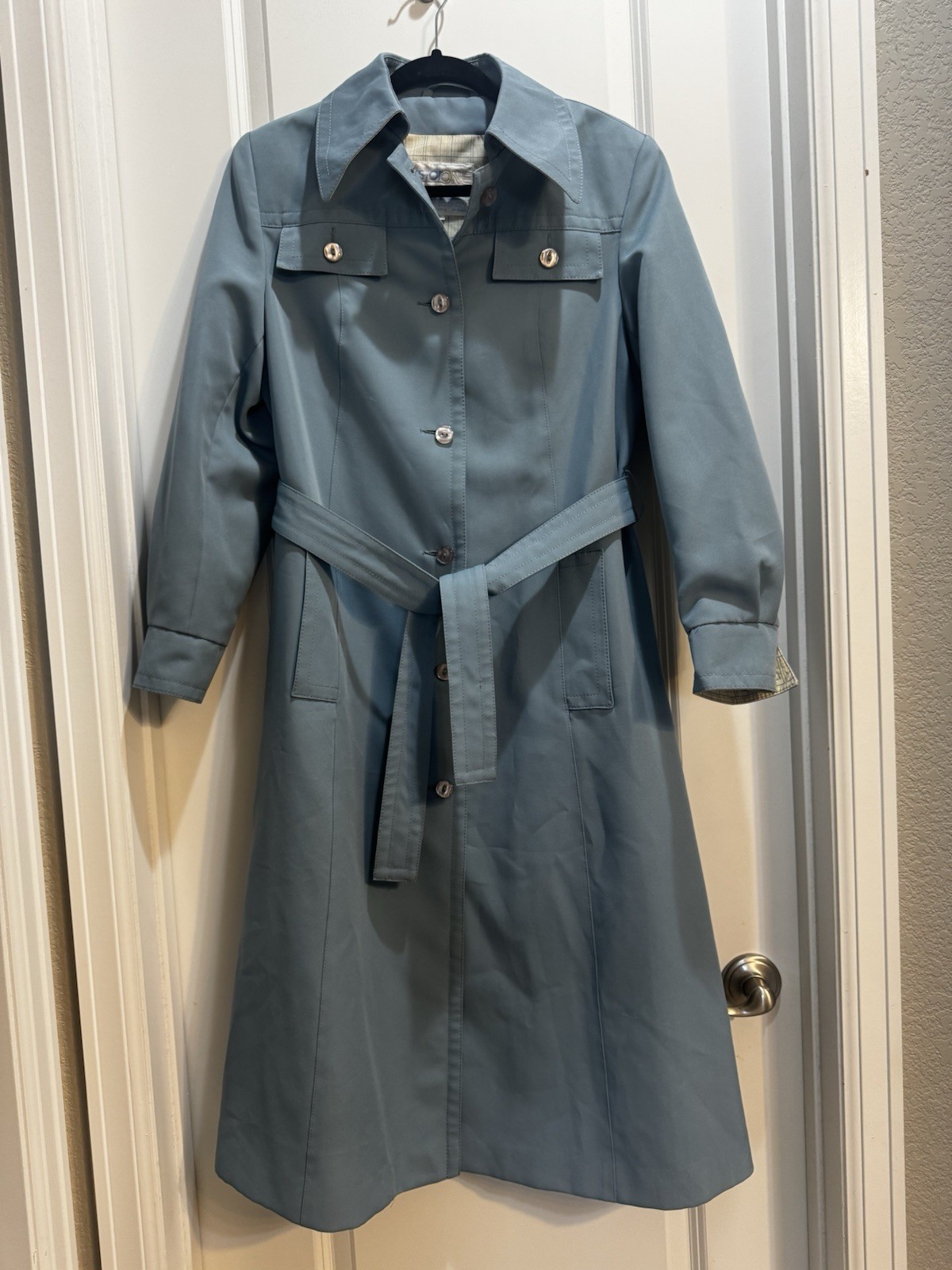 Vintage AstorOne Blue Woven Polyester Belted Trench Coat Size 12 Lined Pockets