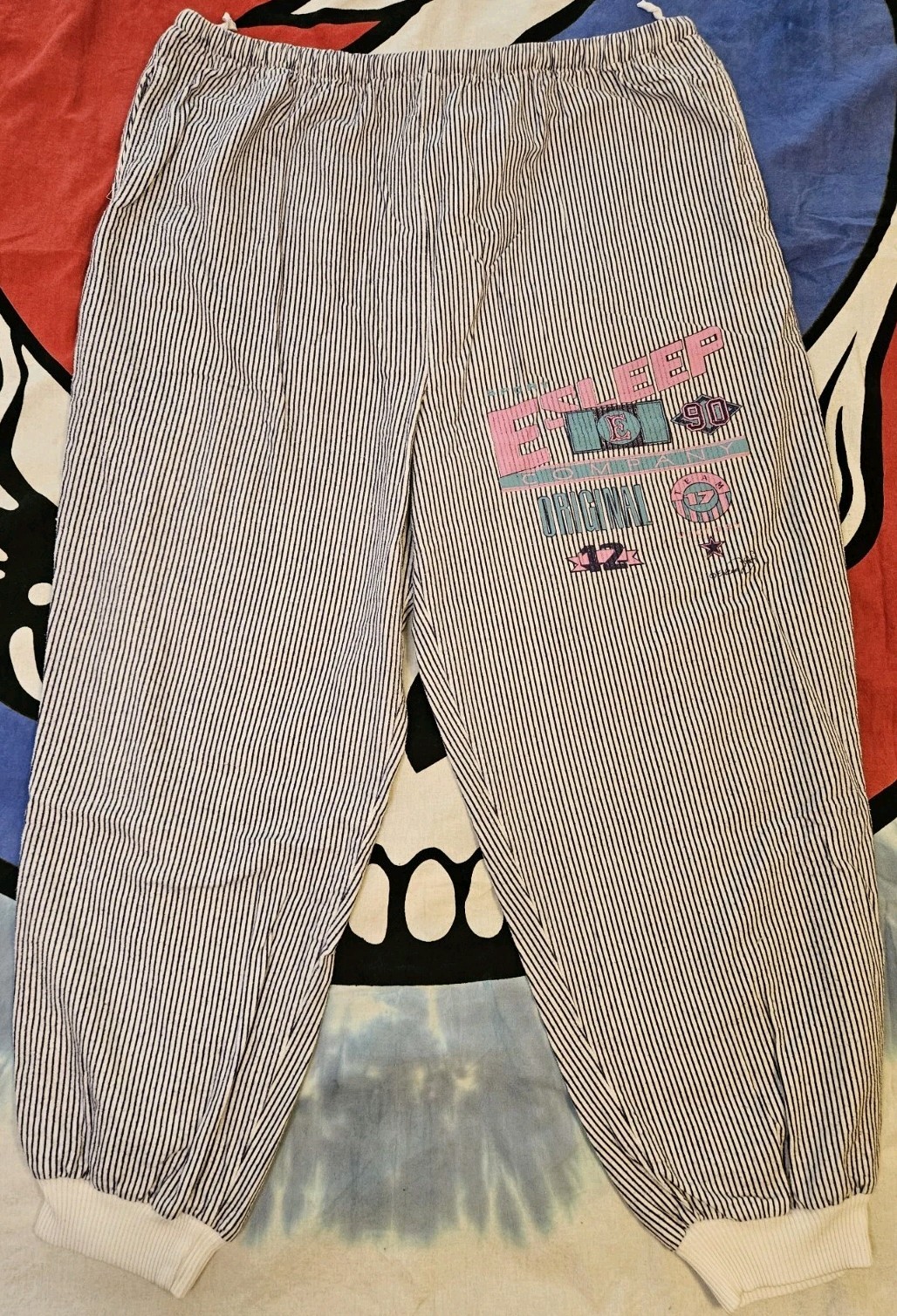 Vintage 90s Esleep Pajamas Set Neon Print Baseball Jersey Drawstring Pant Cotton