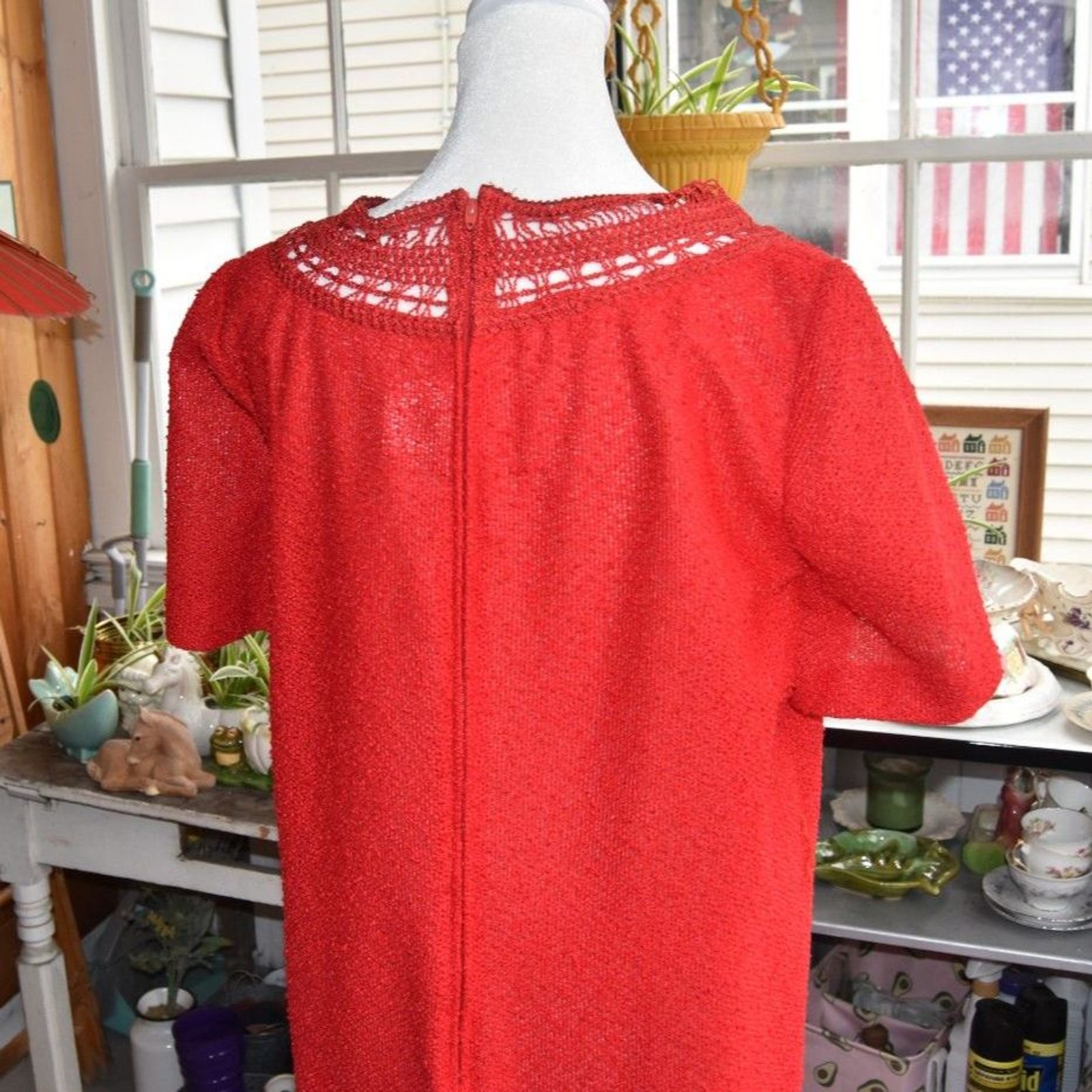Vintage Leslie Pomer Red Knit Shift Dress Crochet Yoke ILGWU USA Women’s XL
