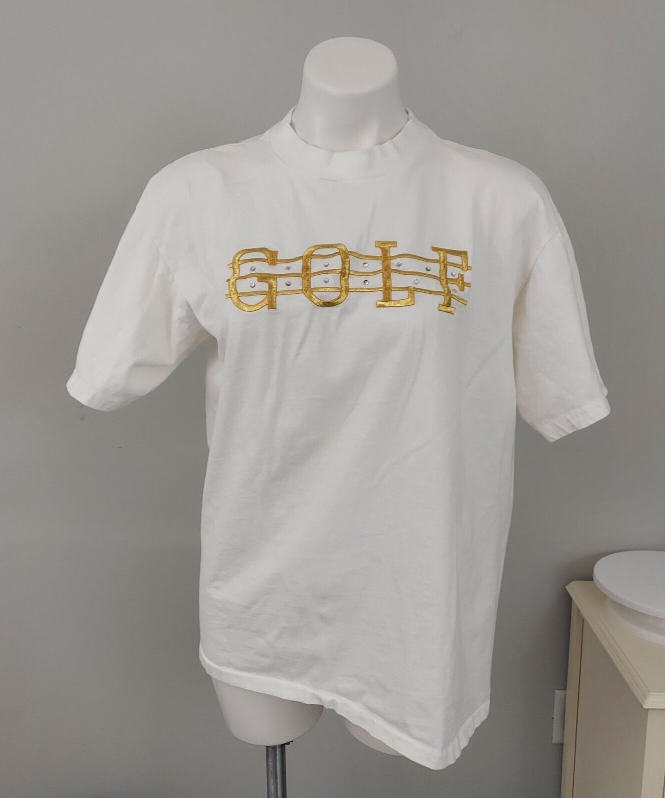Vintage 90s Discoveries By Natalie Embroidered Golf T-Shirt White Gold USA L