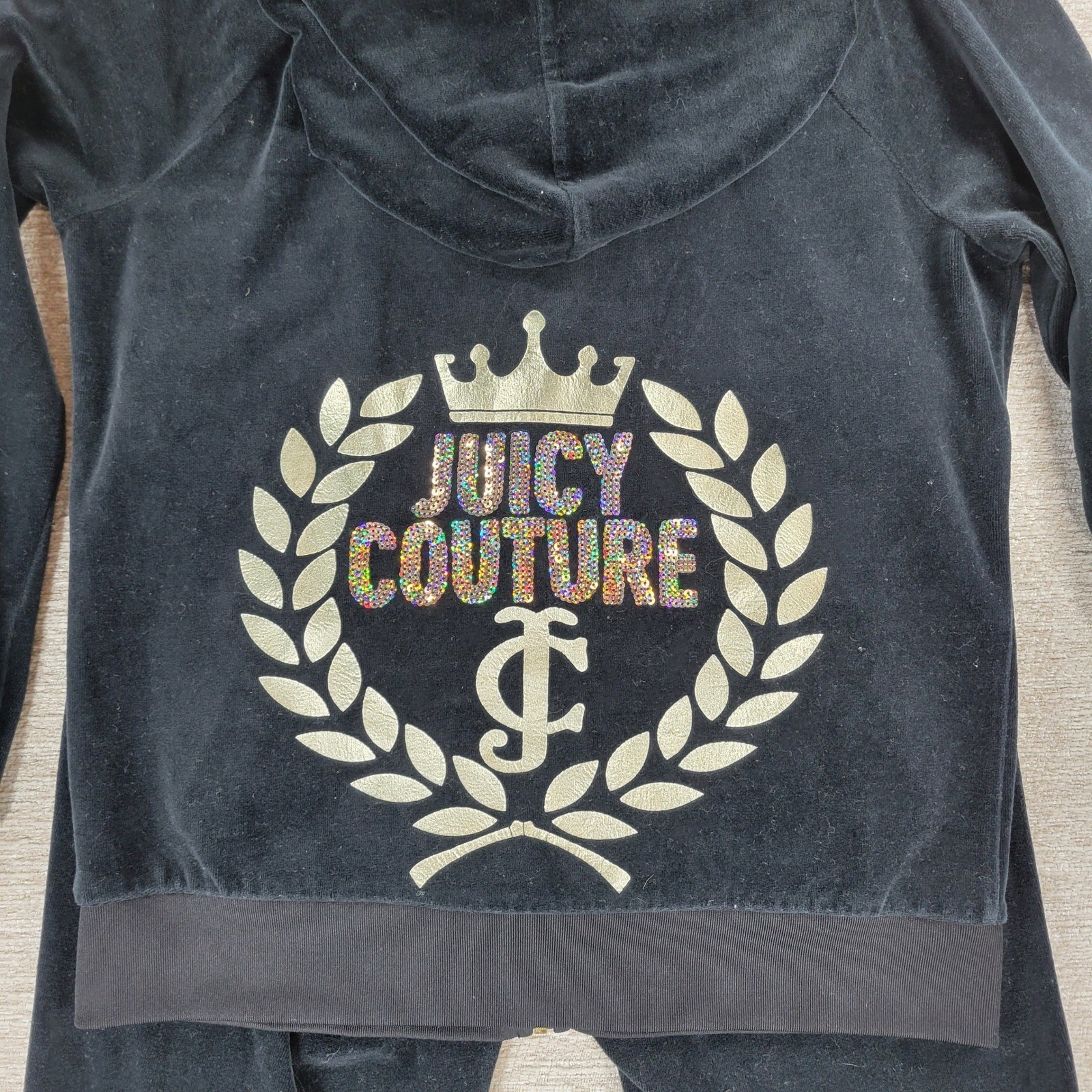 VTG Juicy Couture Velour Track Suit L Black Gold Bling Y2K Low Rise Hoodie Cozy