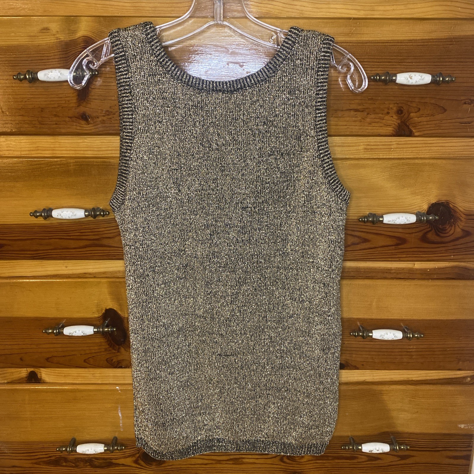 VTG Retro Beldoch Popper Sleeveless Metallic Gold Lured Sz M Knit Holiday Artsy
