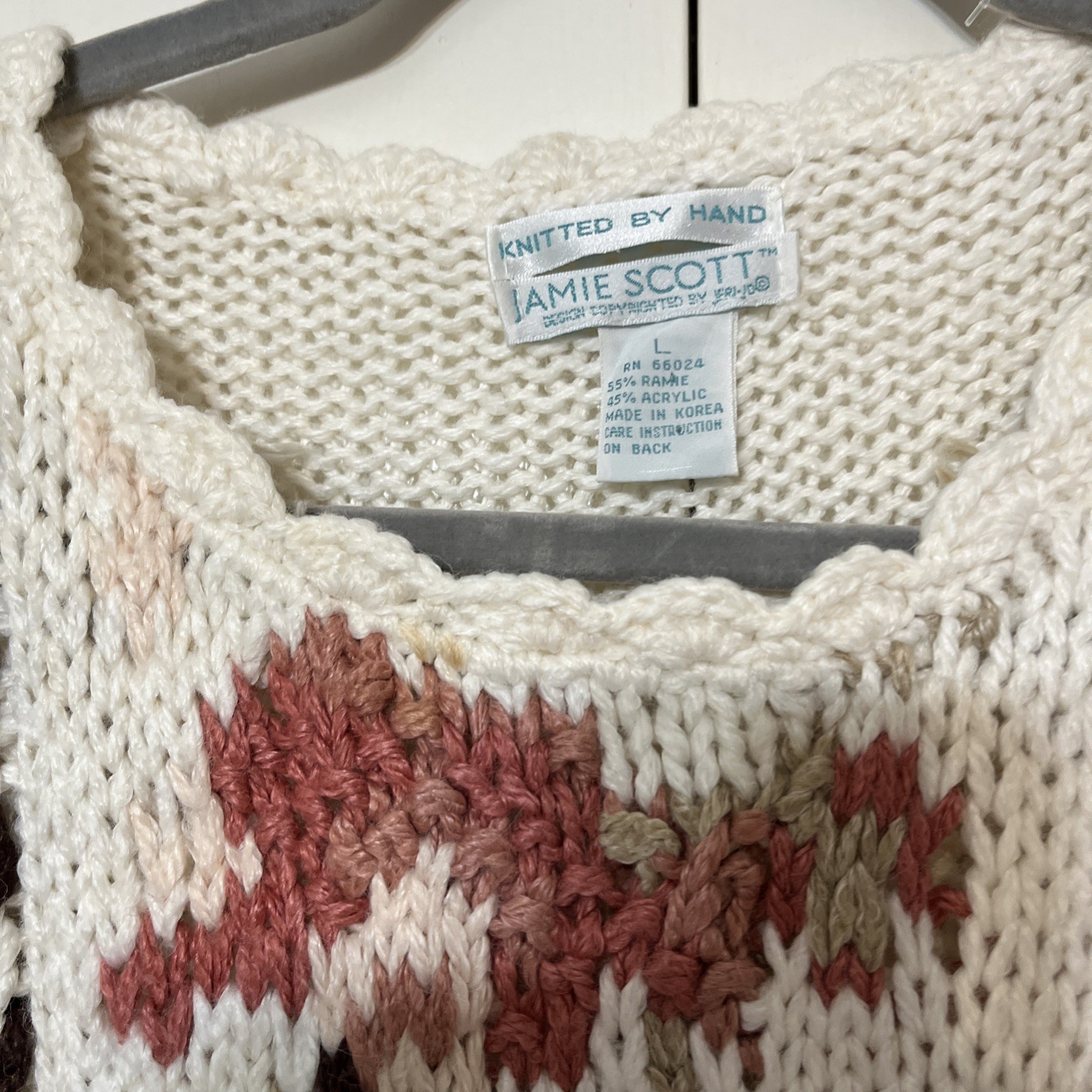 Vintage Women’s L Sweater Jamie Scott Soft Ivory Floral Drop Shoulder Cotton 80s