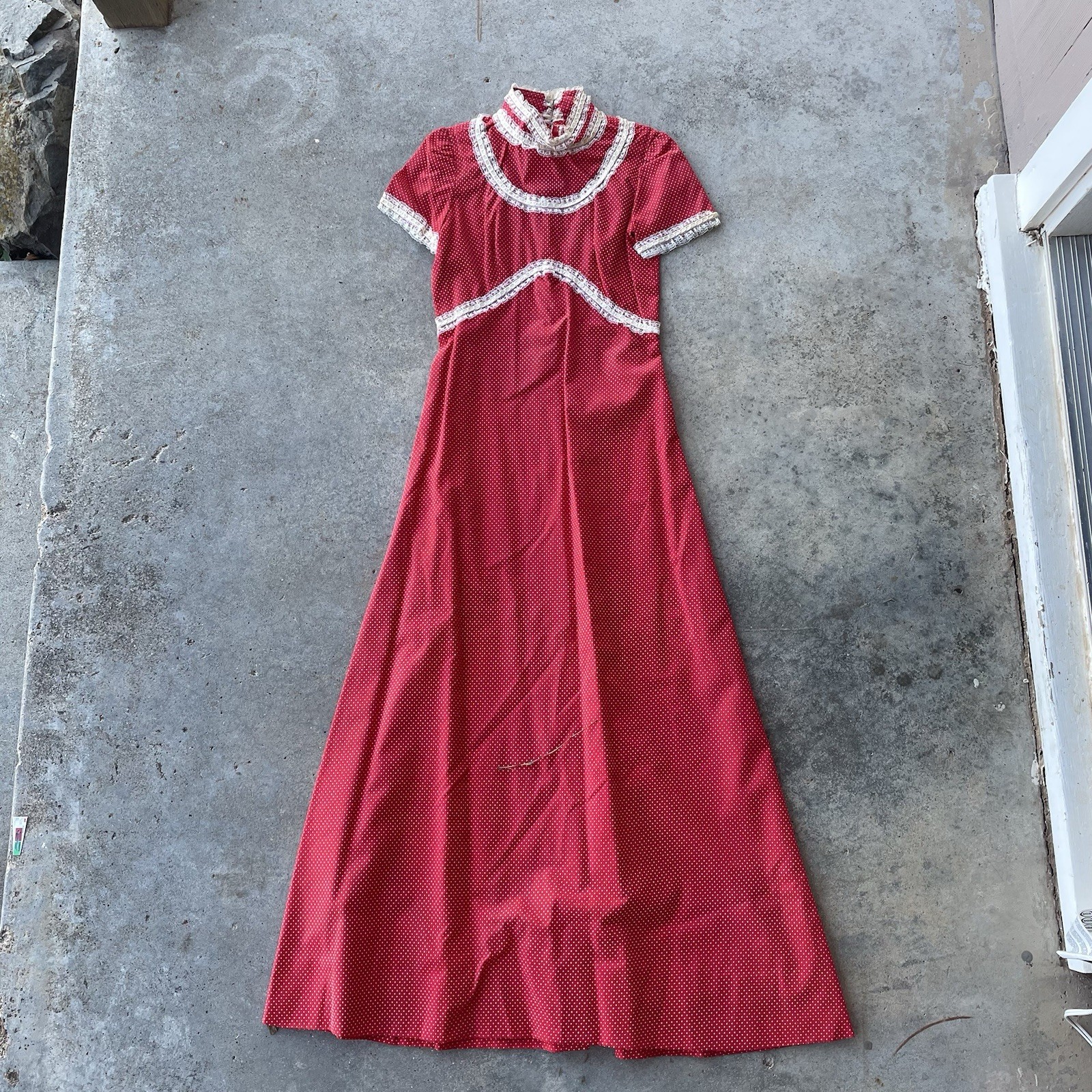 Prairie Cottage Core Vtg 70s Maxi Dress Red White Polka Dot Lace Trim Women’s S
