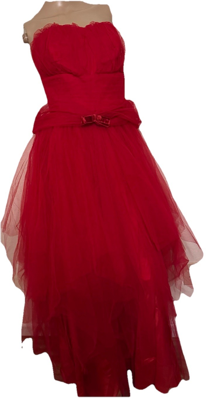 1960s Formal Long Prom Gown – Red Netting Layers Over Taffeta Small 32” Bust