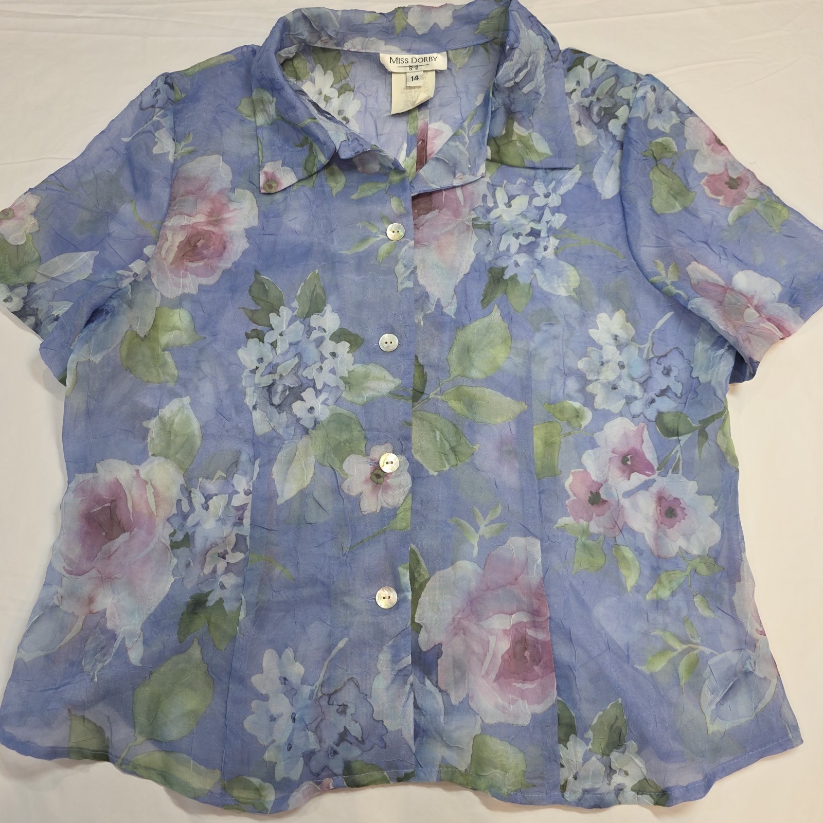 Miss Dorby Vtg Size 14 Floral Crinkle Button Up Fly Away Blouse Periwinkle Fairy