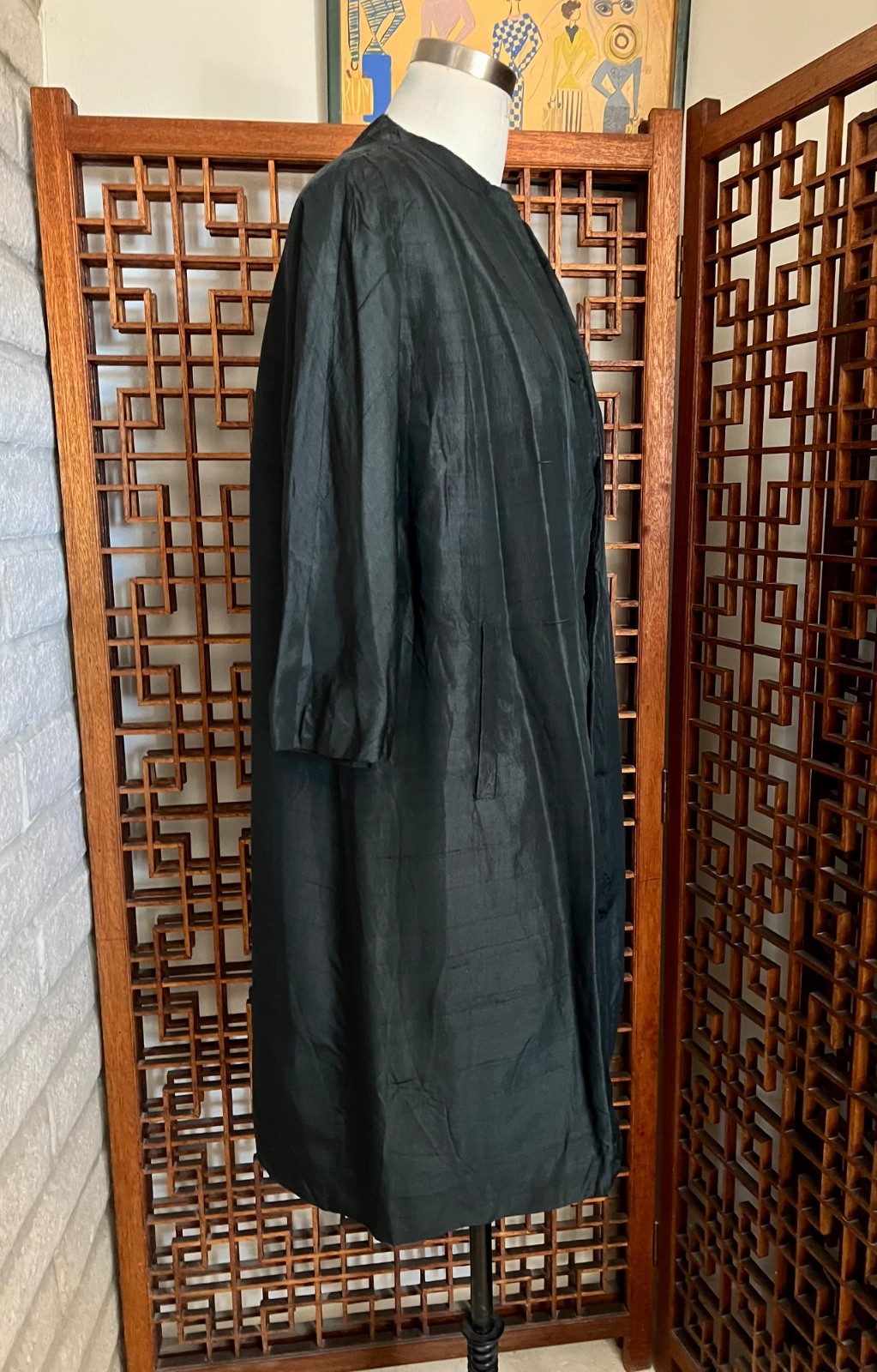 Silk Opera Coat NOS Black 1950s 1960s Evening Wear Formal Knee Length Swing M L
