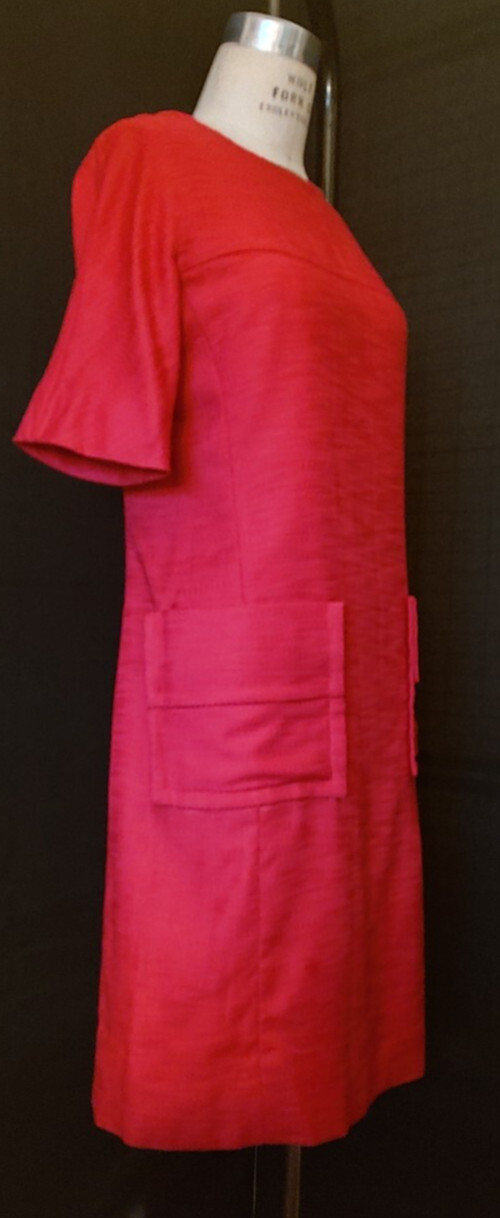 Vtg 60s SHIFT Style DRESS SABRINA NECK, DEEP GERANIUM PINK LINEN, MOP BUTTONS