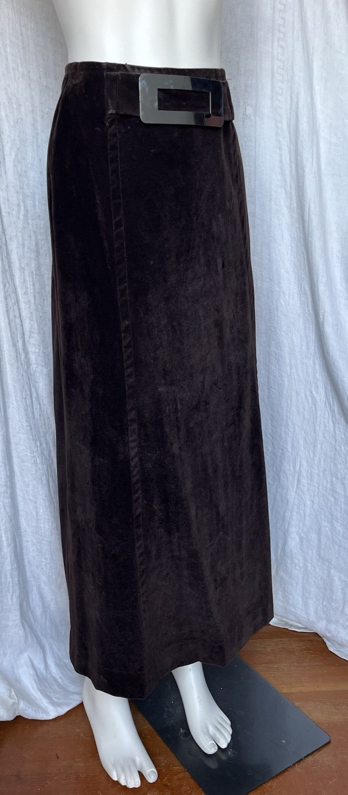 Vintage 1970s Maxi Skirt Brown Velveteen Metal Buckle Boho Hippie Grunge 70s XS
