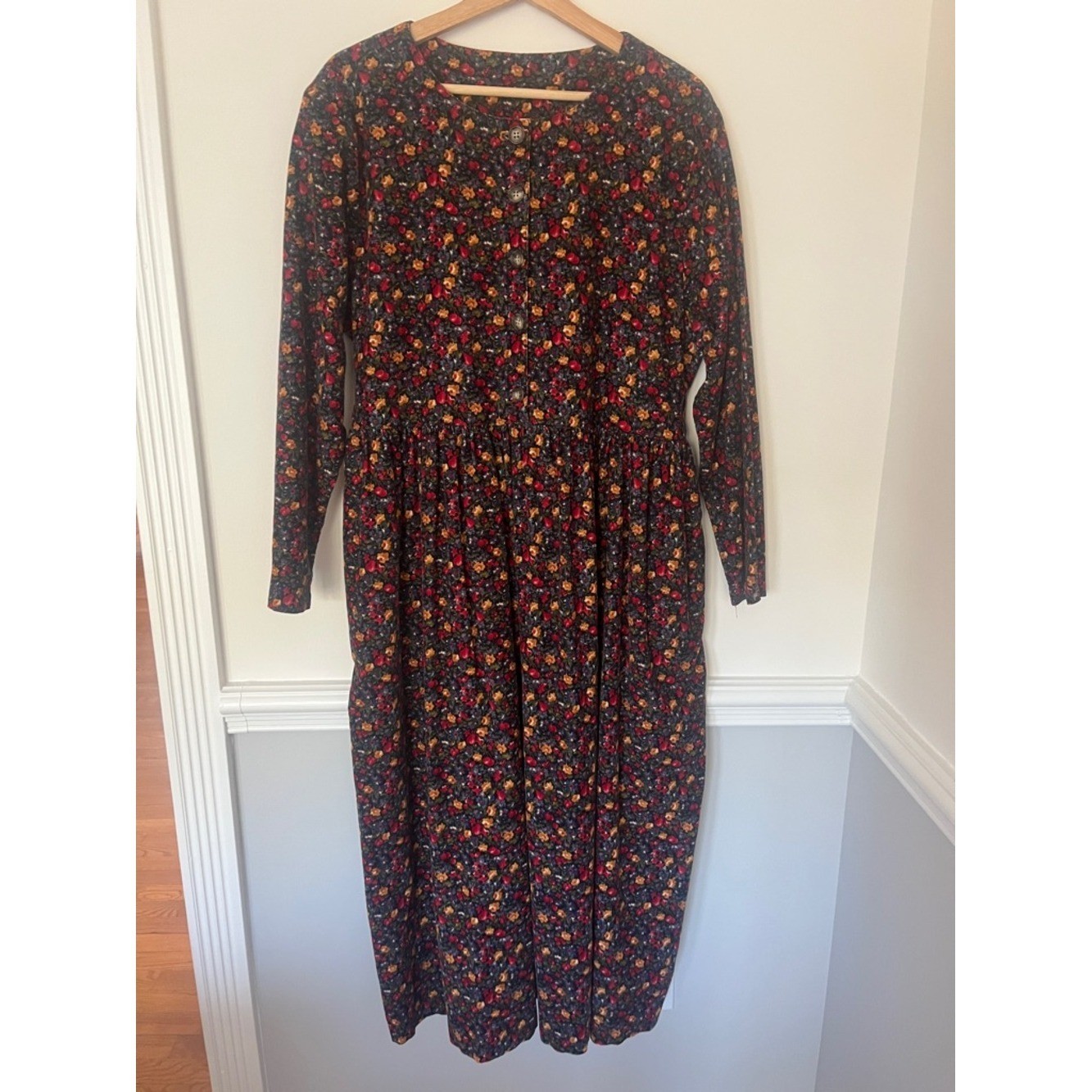 Vtg Country Trad Wife Floral Maxi Dress Large Long Sleeve Corduroy Cotton