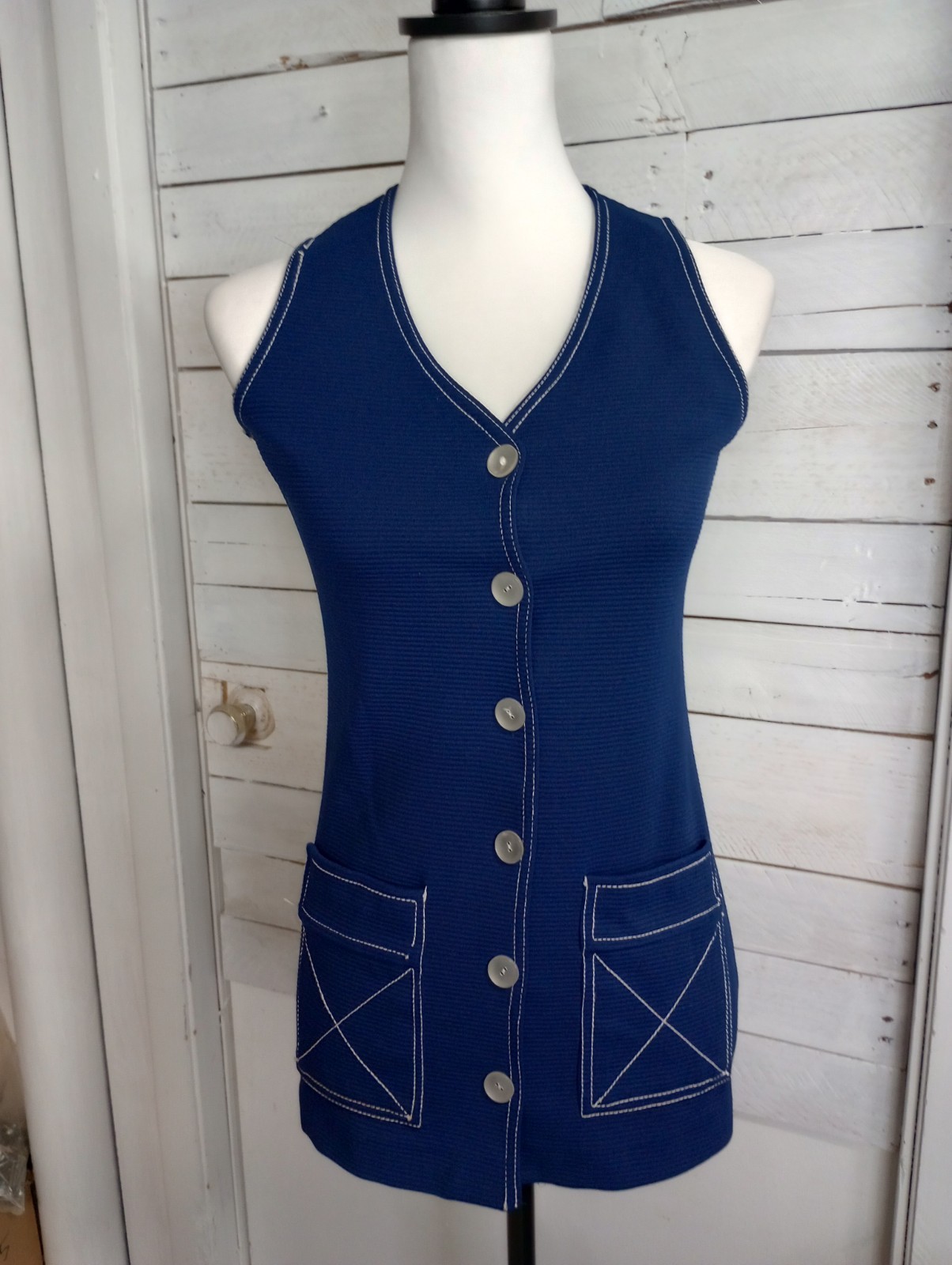 Vintage 70s Women’s Blue Vest Top Size Small Pockets Button Up Disco Boho