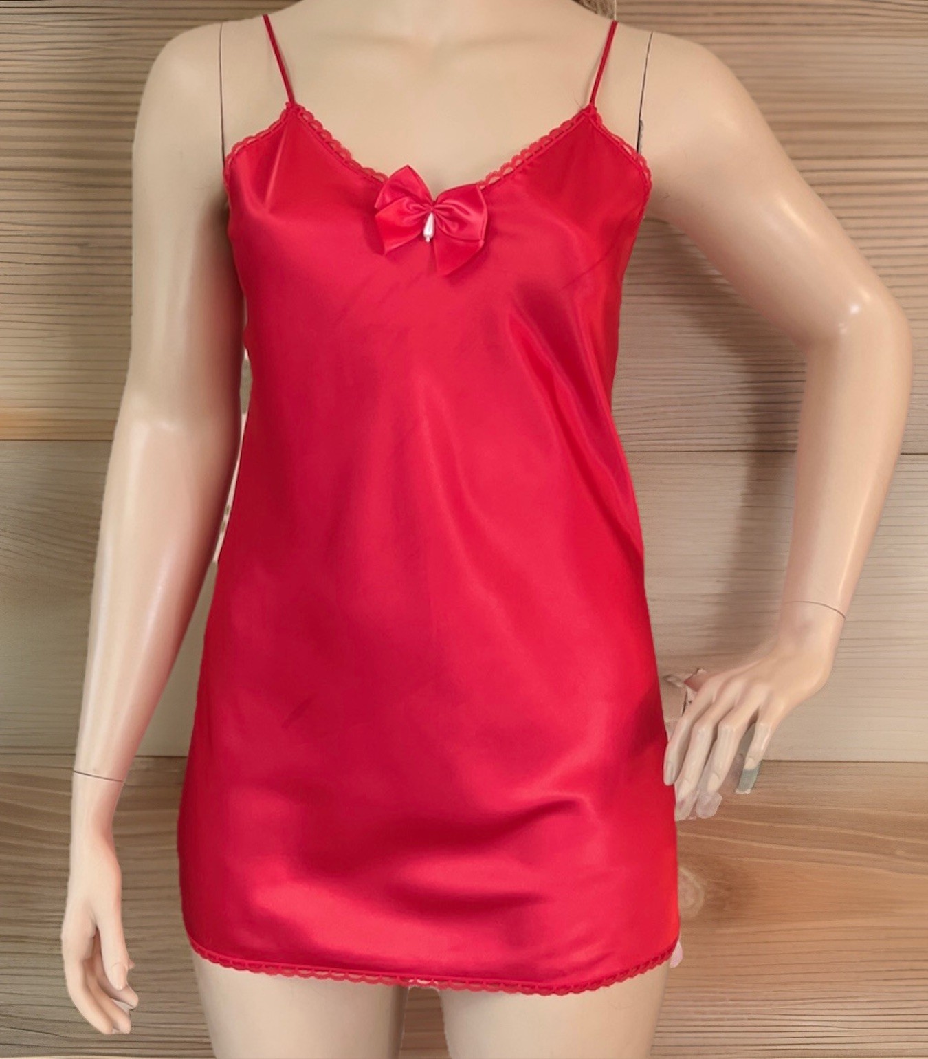 Vintage Lady Manhattan Red Lace Trim Bow Size LARGE 40 USA Pin Up Sexy Chemise