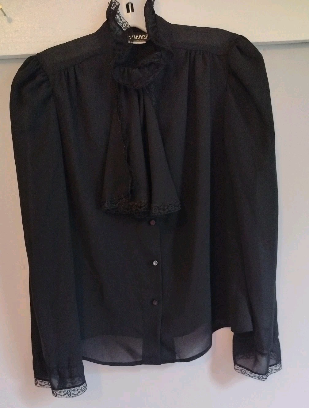 VTG Sauci Black Sheer Blouse High Neck Lace Trim Victorian Prairie Blouse Top M