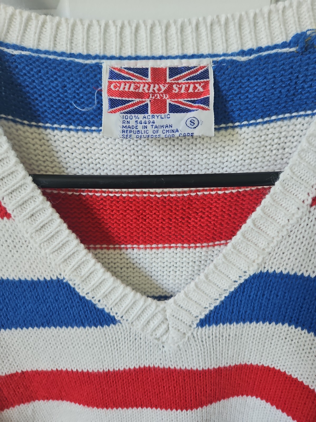 Vintage Cherry Stix Red White Blue Striped V-Neck Sweater Vest Womens Small