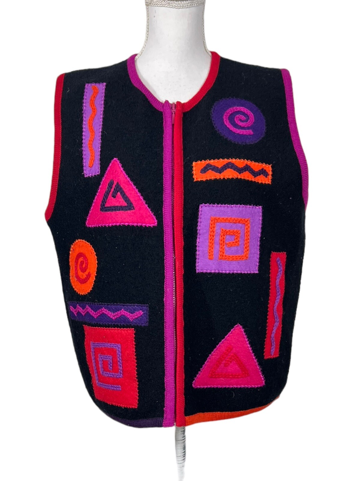 Vintage 80s 90s Wool Vest Pop Art Retro Funky New Wave Full Zip