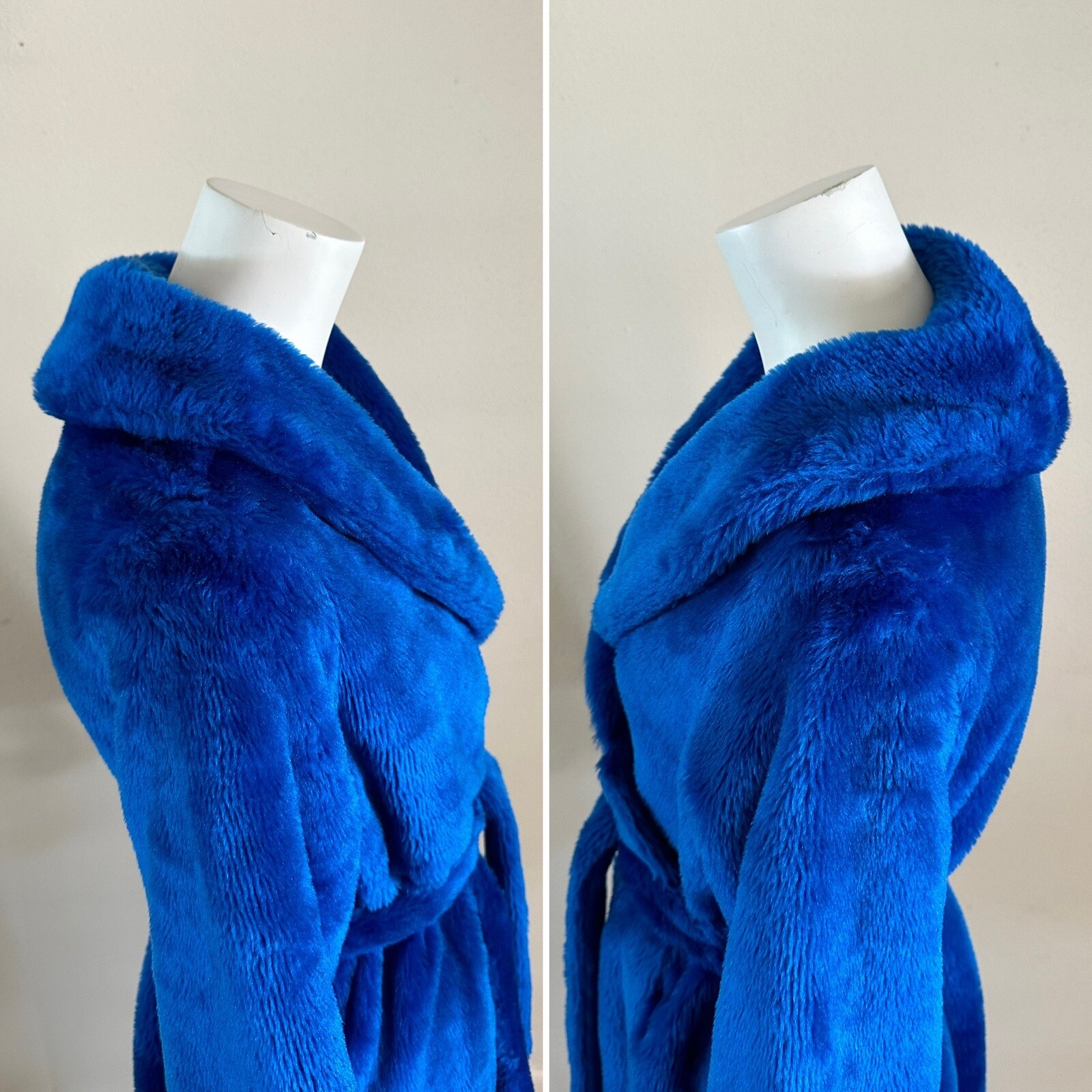 1970s Montgomery Ward Electric Blue Shag Robe Plush Faux Fur Belted Medium VTG