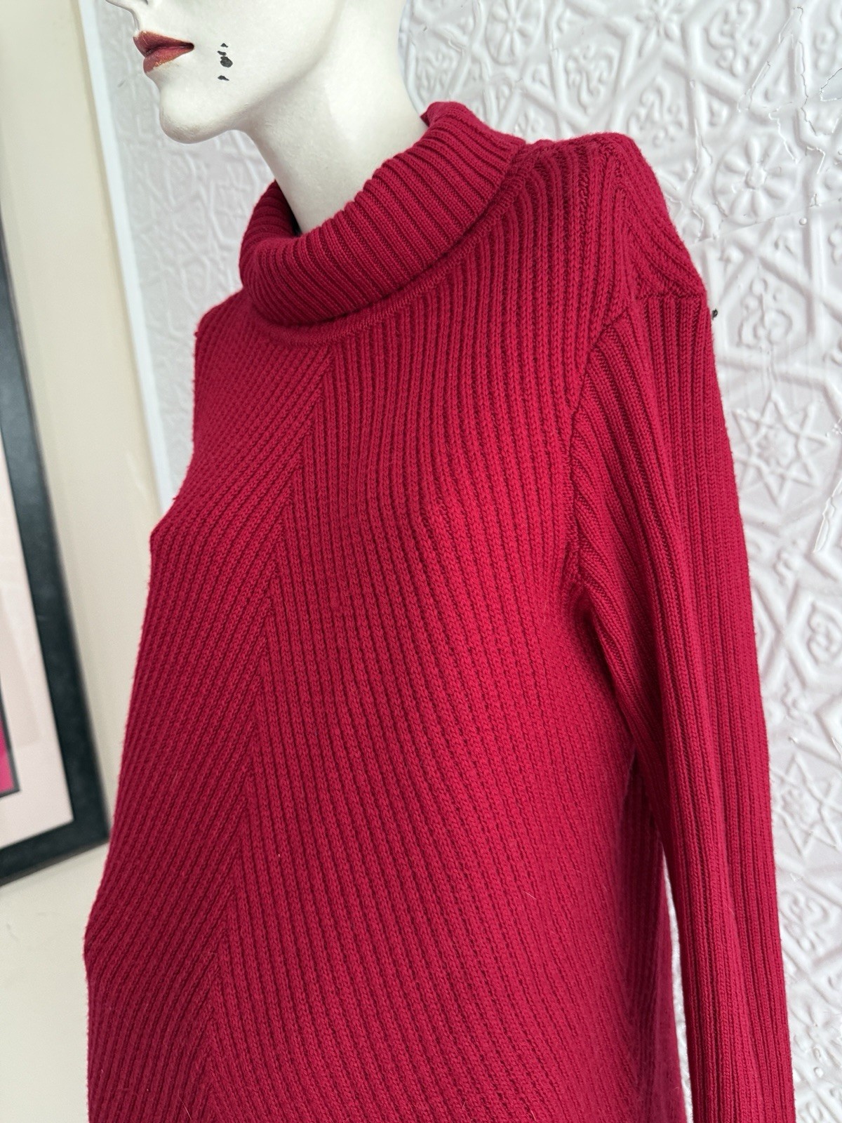 Eileen Fisher red pullover chevron knit sweater dress tunic oversized Small
