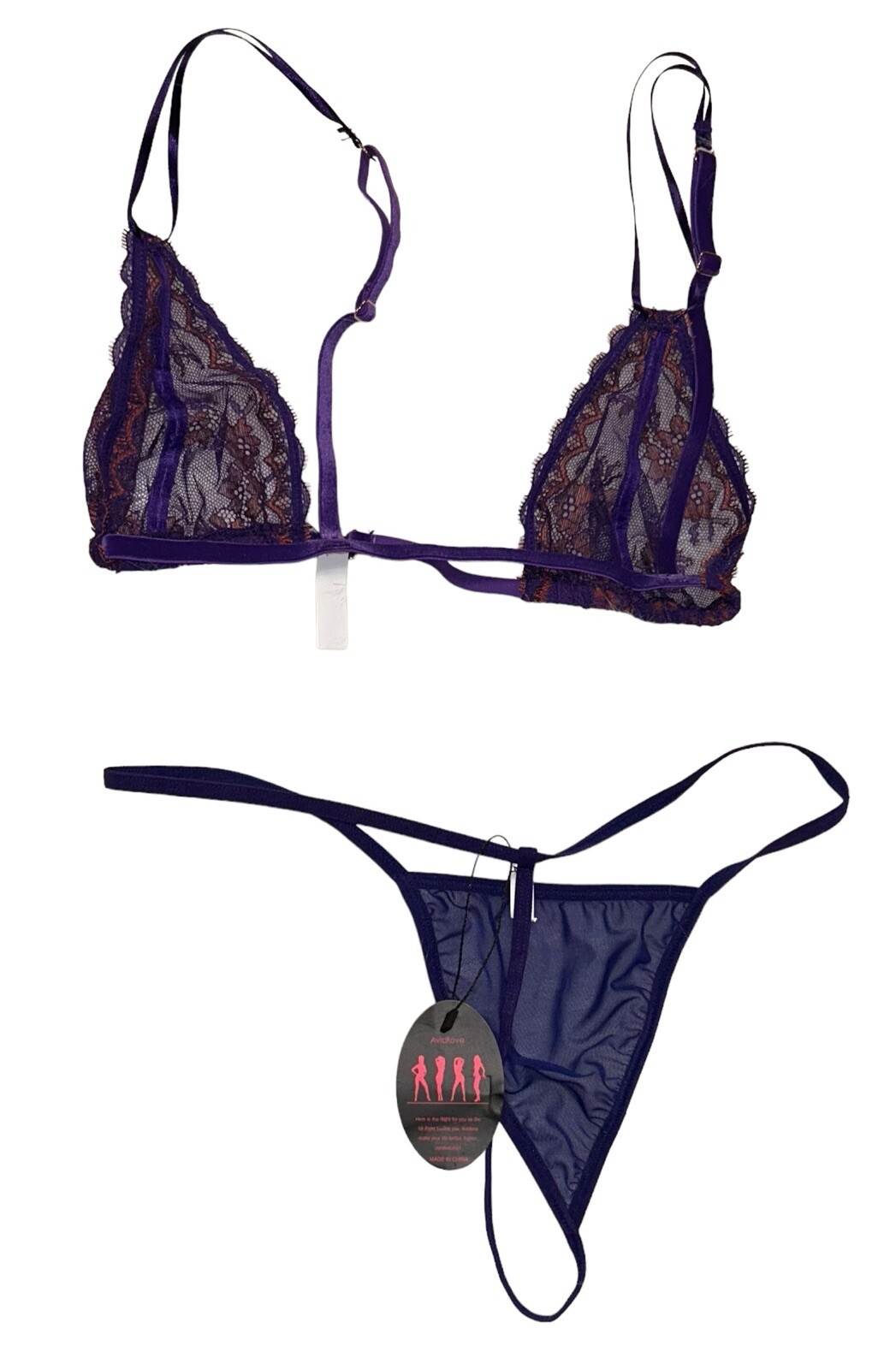 Lot of 2 Bogart Lingerie Purple Lace Bra & Avidlove G-String Panties M NWT